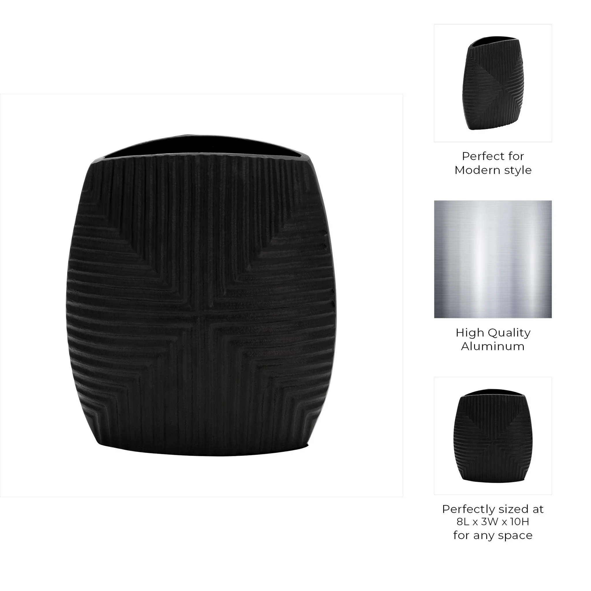 Metal, 10"h Ribbed Vase, Matte Black - Image 9