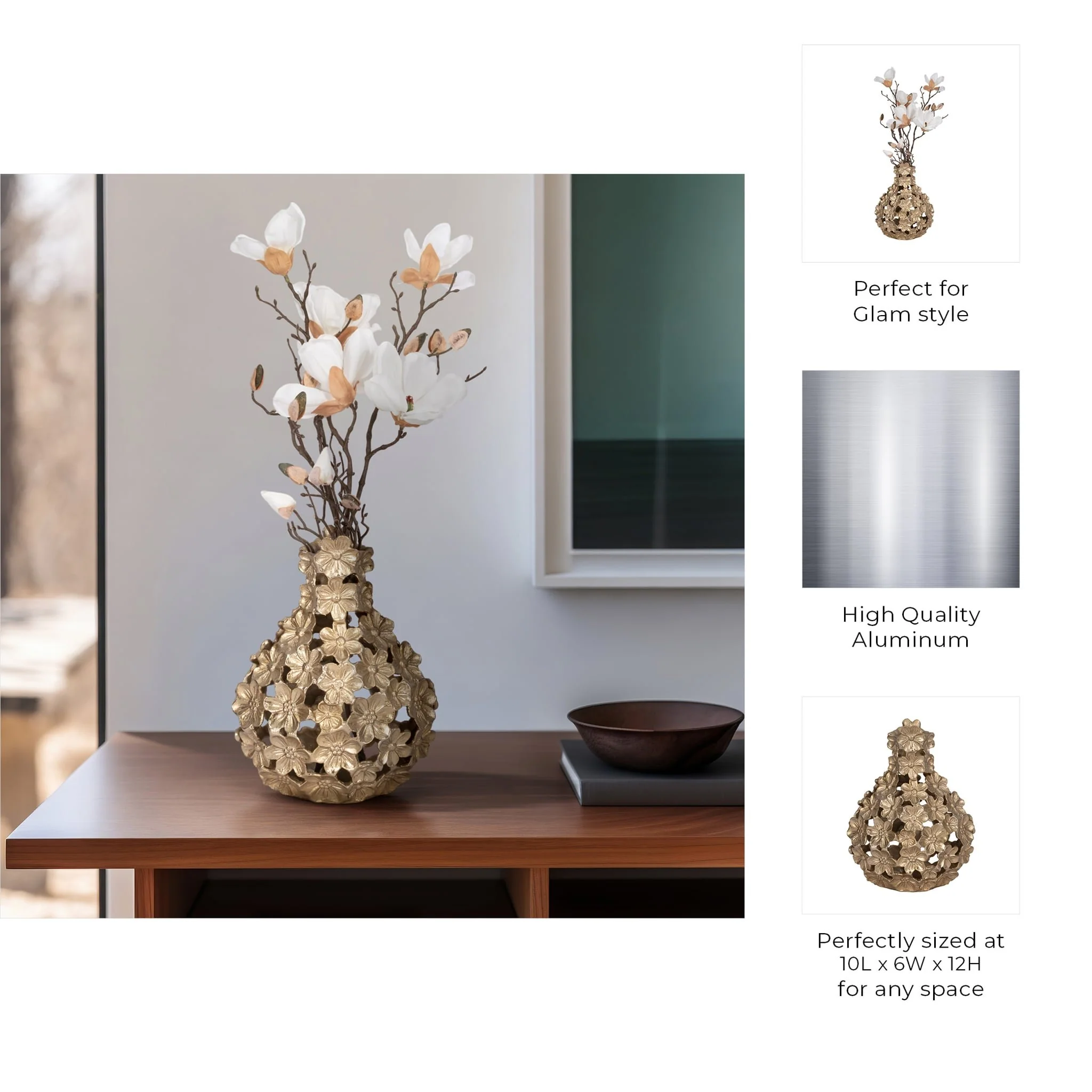 Metal, 12" Cut-out Flower Vase, Champagne - Image 10