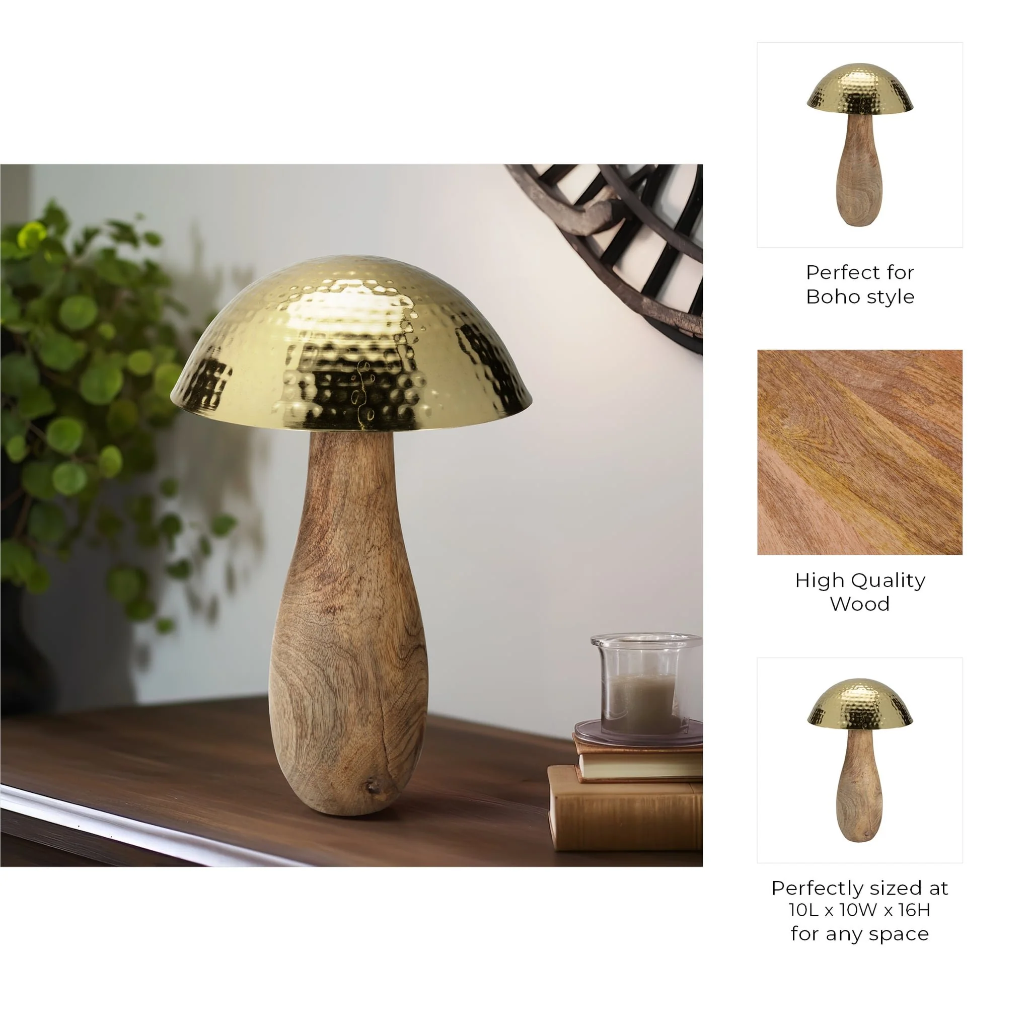 Metal, 16" Mushroom W/ Wood Base, Gold - Image 10