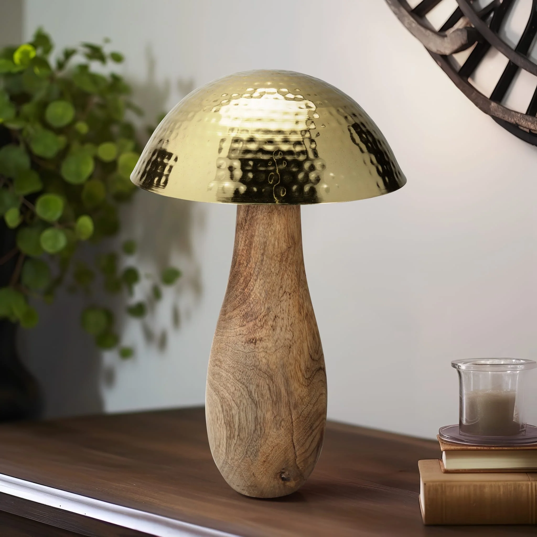 Metal, 16" Mushroom W/ Wood Base, Gold - Image 11
