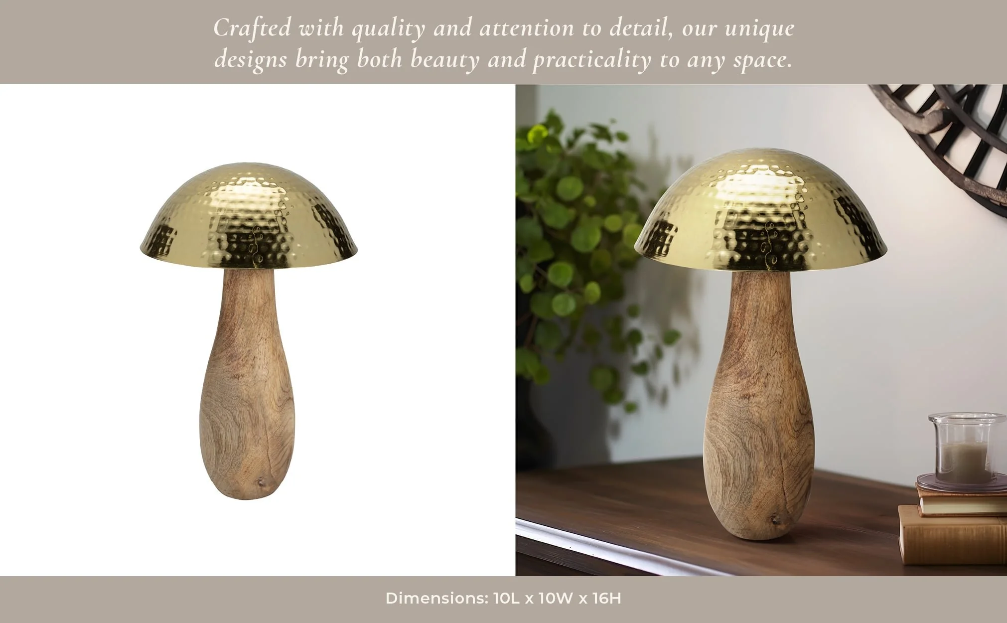 Metal, 16" Mushroom W/ Wood Base, Gold - Image 12