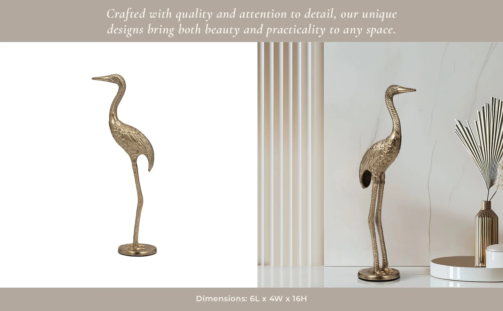 Metal, 16" Standing Crane, Gold - Image 10
