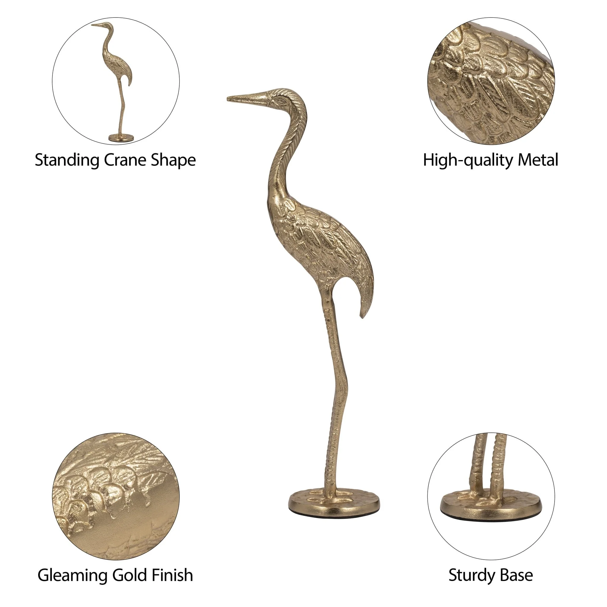 Metal, 16" Standing Crane, Gold - Image 8