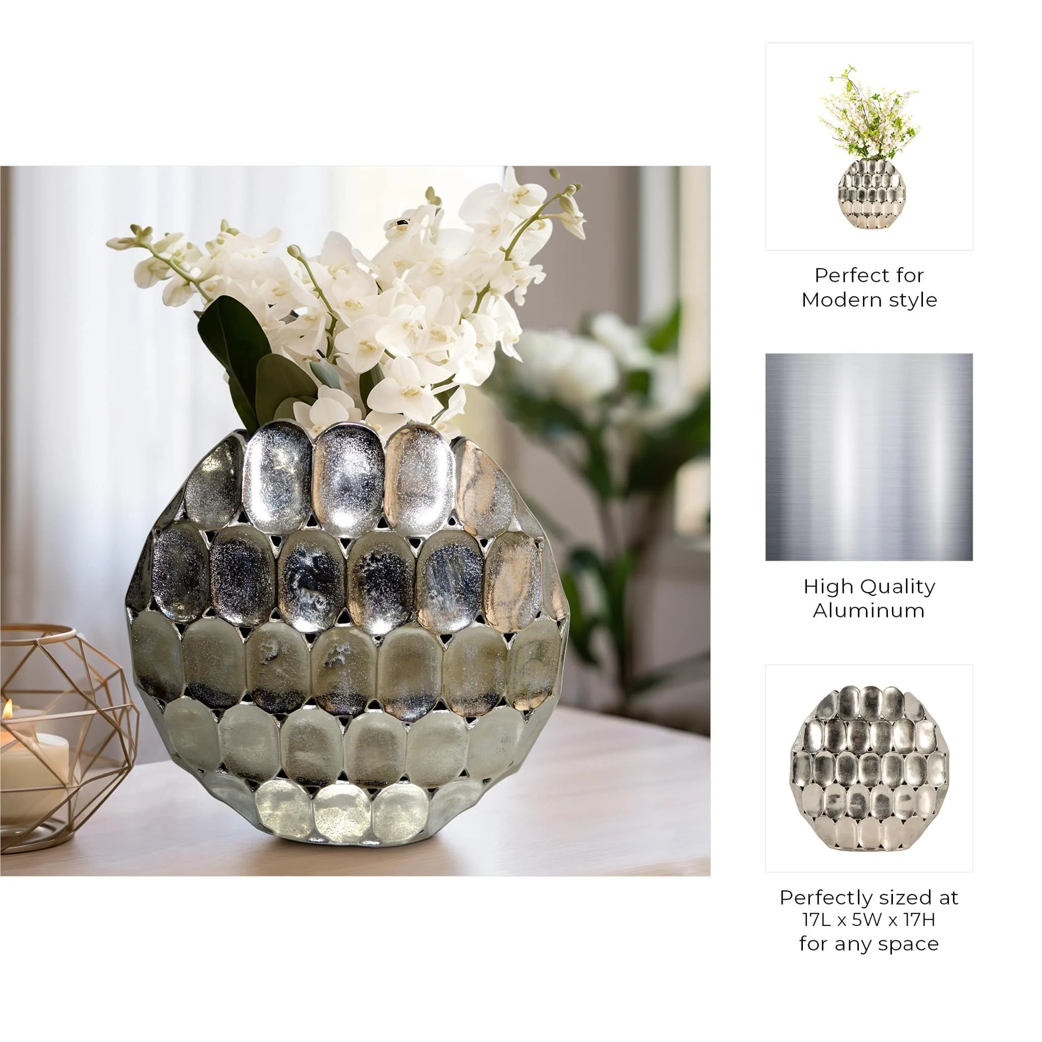 Metal, 17" Oval Vase, Silver - Image 10
