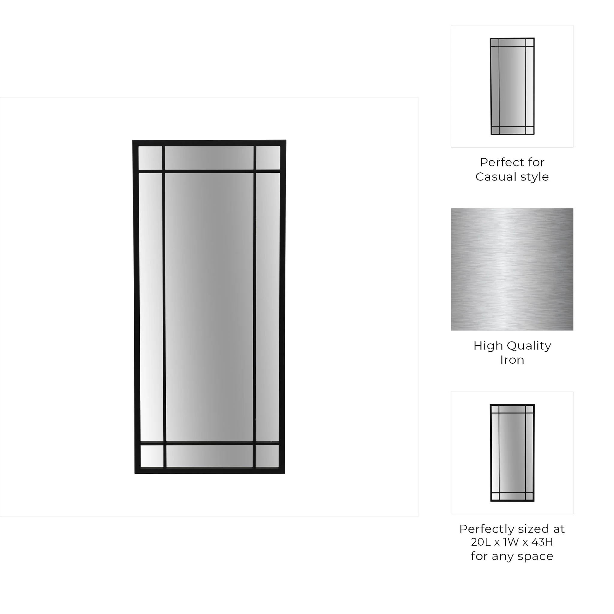 Metal, 20x43 Windowpane Mirror, Black - Image 8