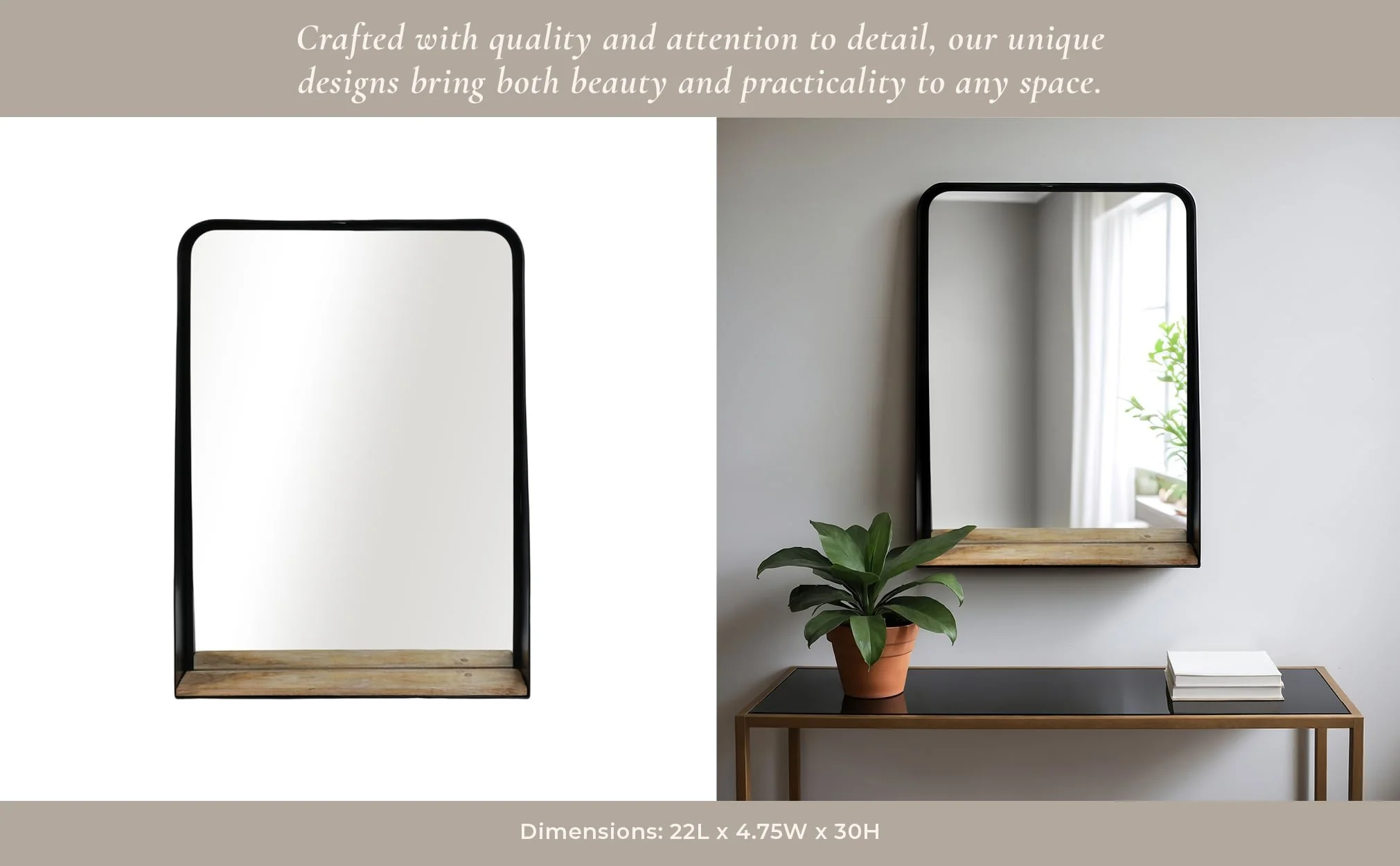 Metal, 22x30 Mirror W/ Shelf, Black/brown - Image 10