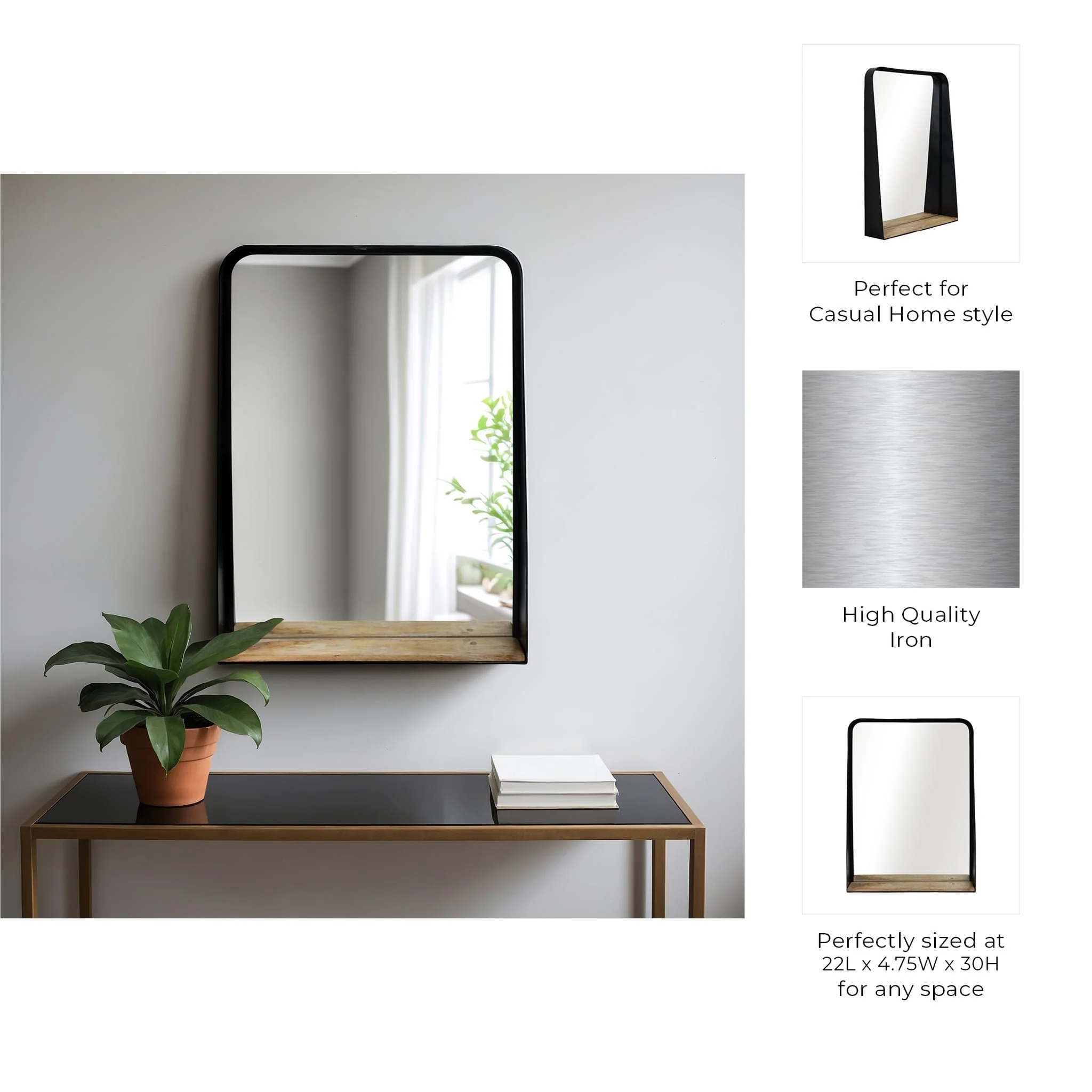Metal, 22x30 Mirror W/ Shelf, Black/brown - Image 8