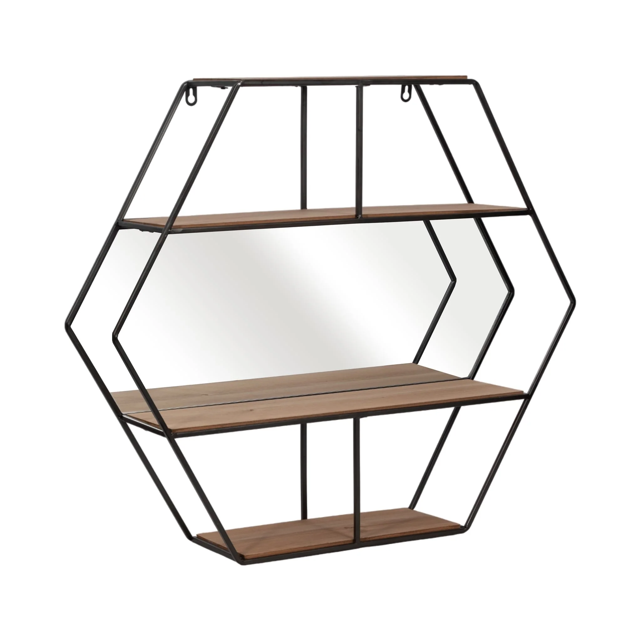 Metal 24" Hexagon Wall Shelf W/ Mirror, Brown - Image 2