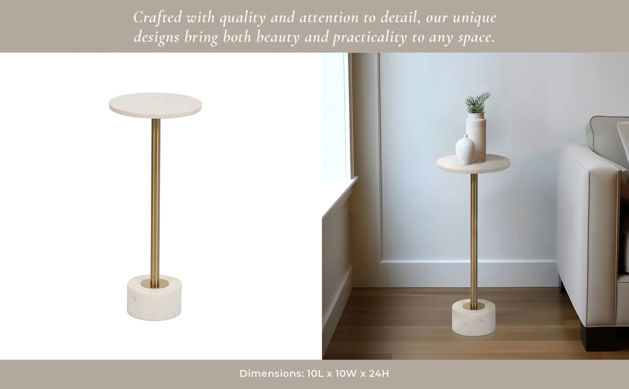 Metal, 24" Side Table Marble Top, White/gold Kd - Image 4