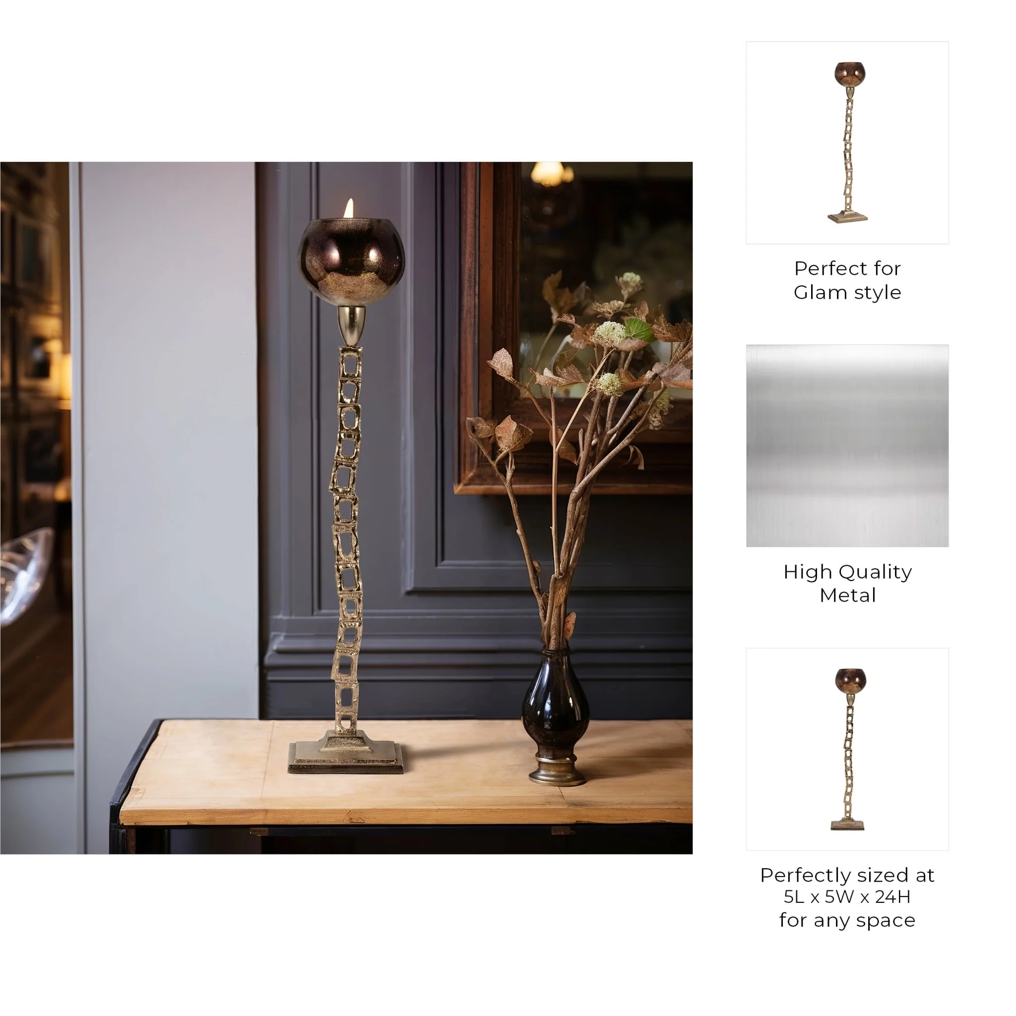 Metal, 24" Tealight Holder W/ Base, Gold - Image 9