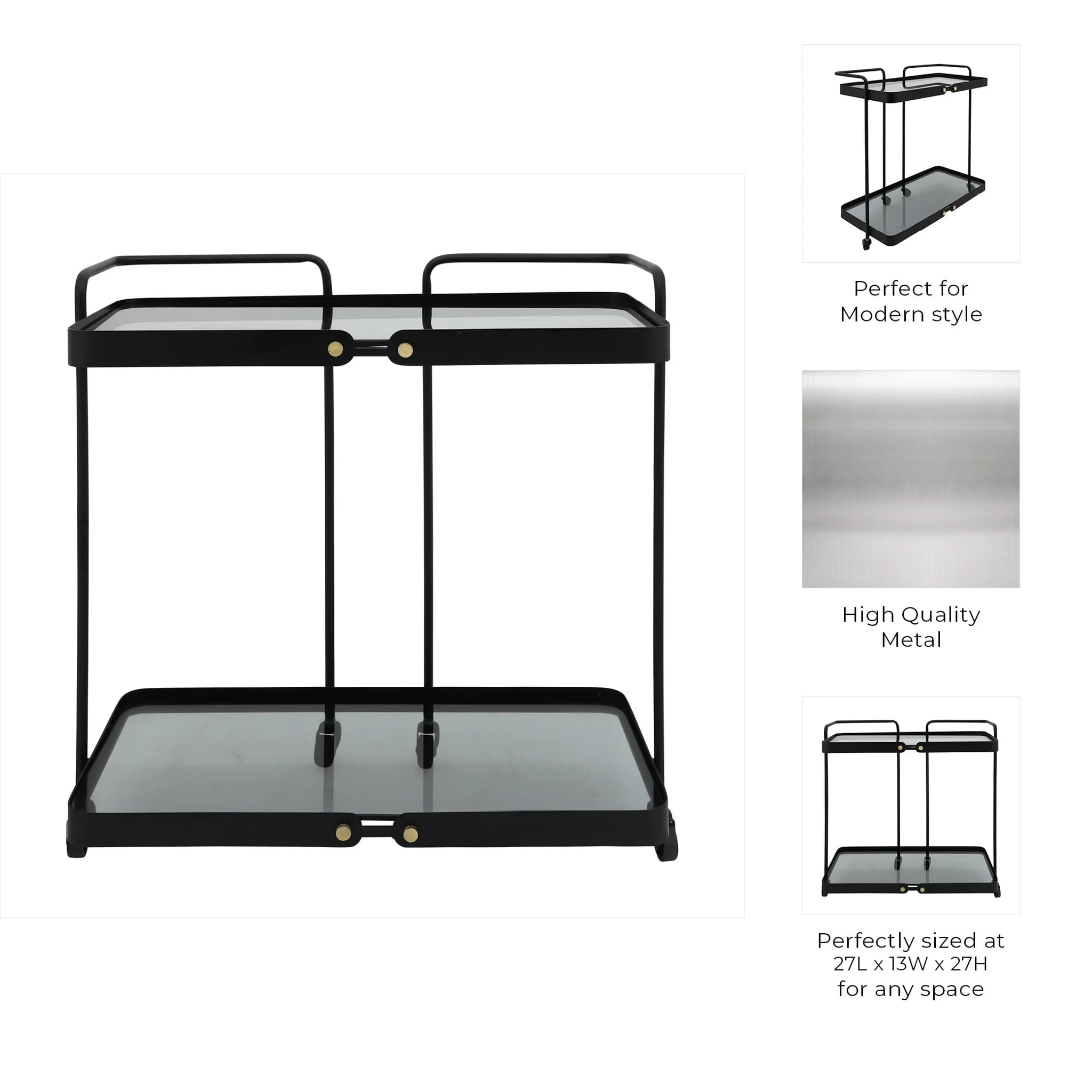 Metal, 27"h 2-layered Bar Cart W/ Smokey Glass, Bl - Image 5