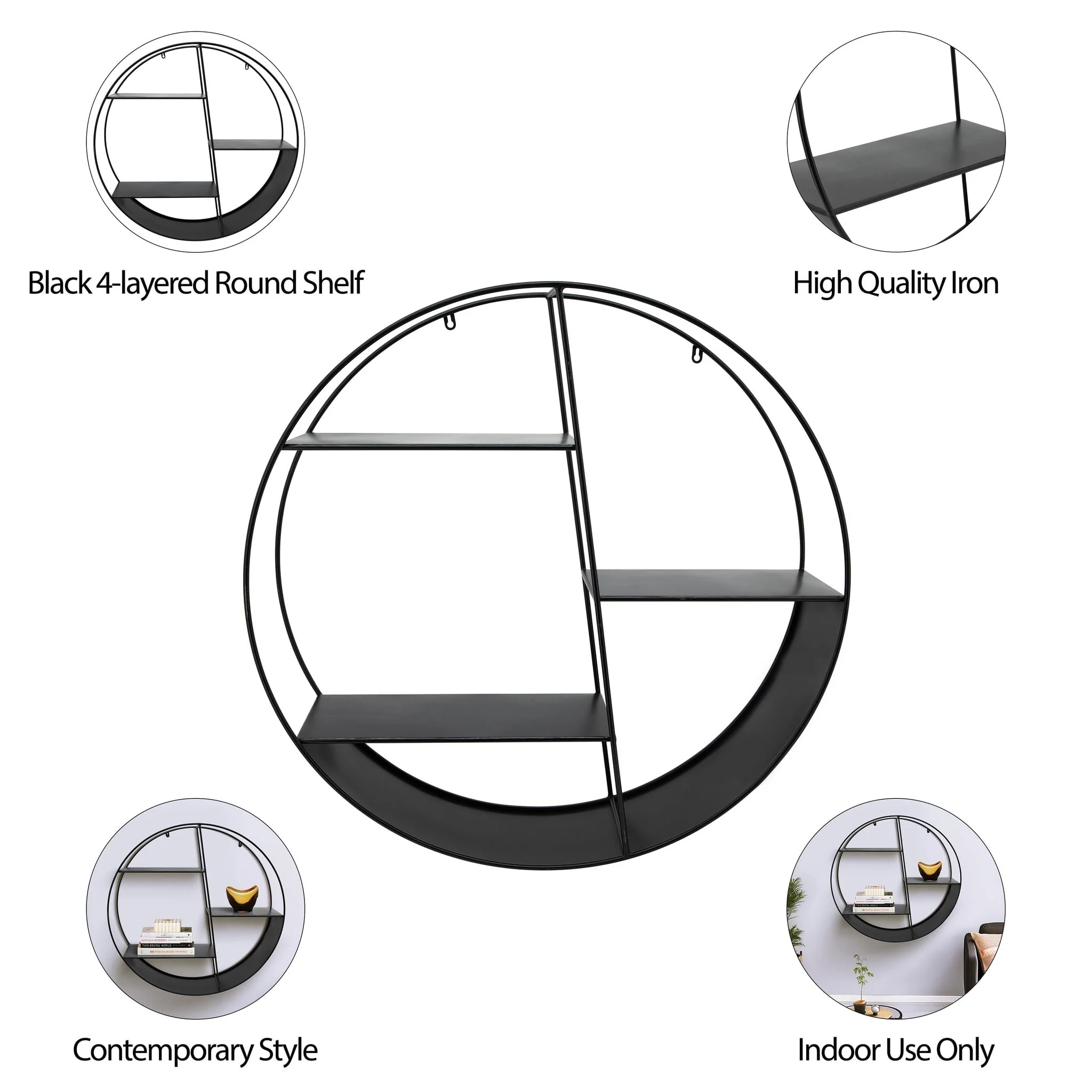 Metal, 32" 4-layered Round Shelf, Black - Image 5