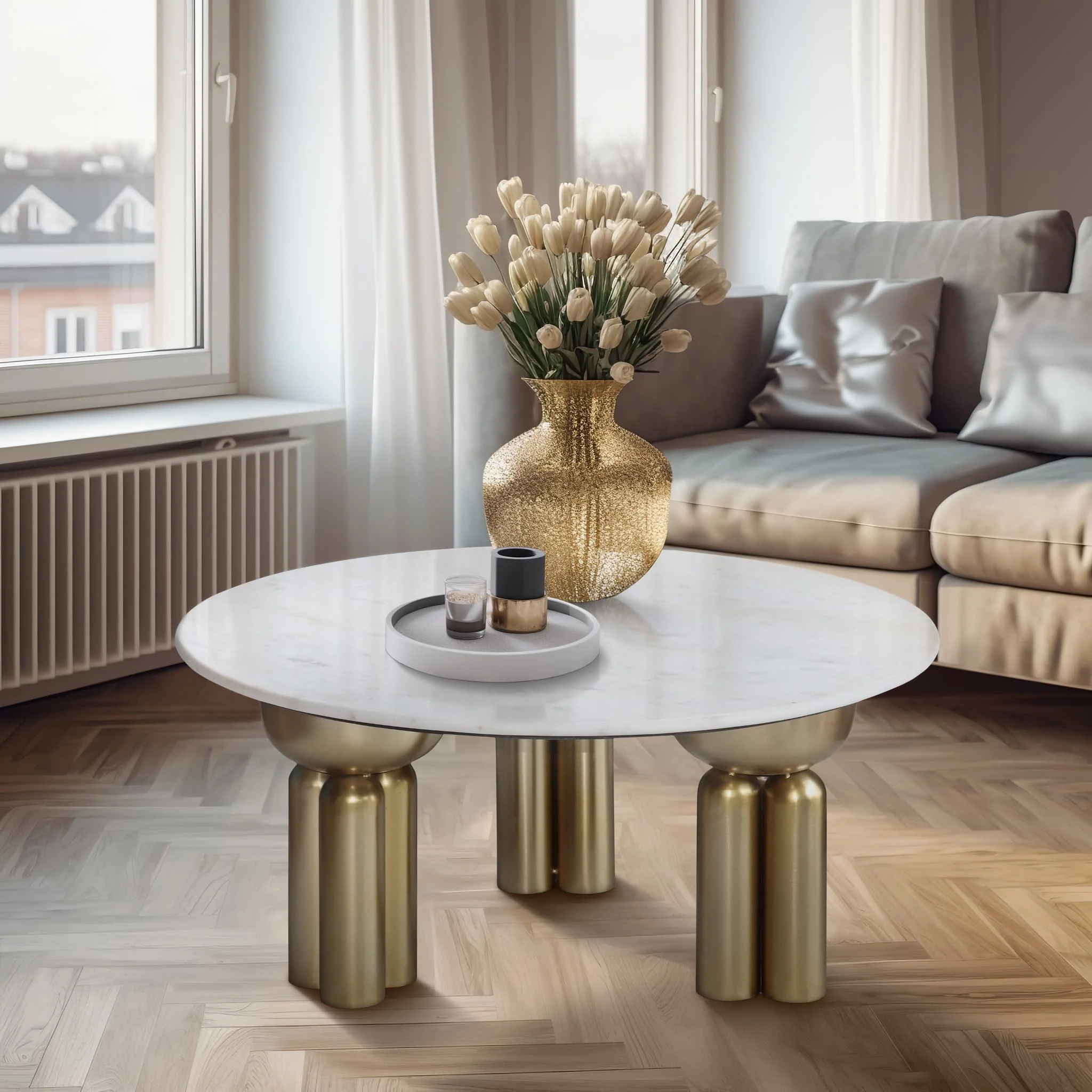 Metal, 36" Marble Top Coffee Table, Gold/white,kd - Image 10