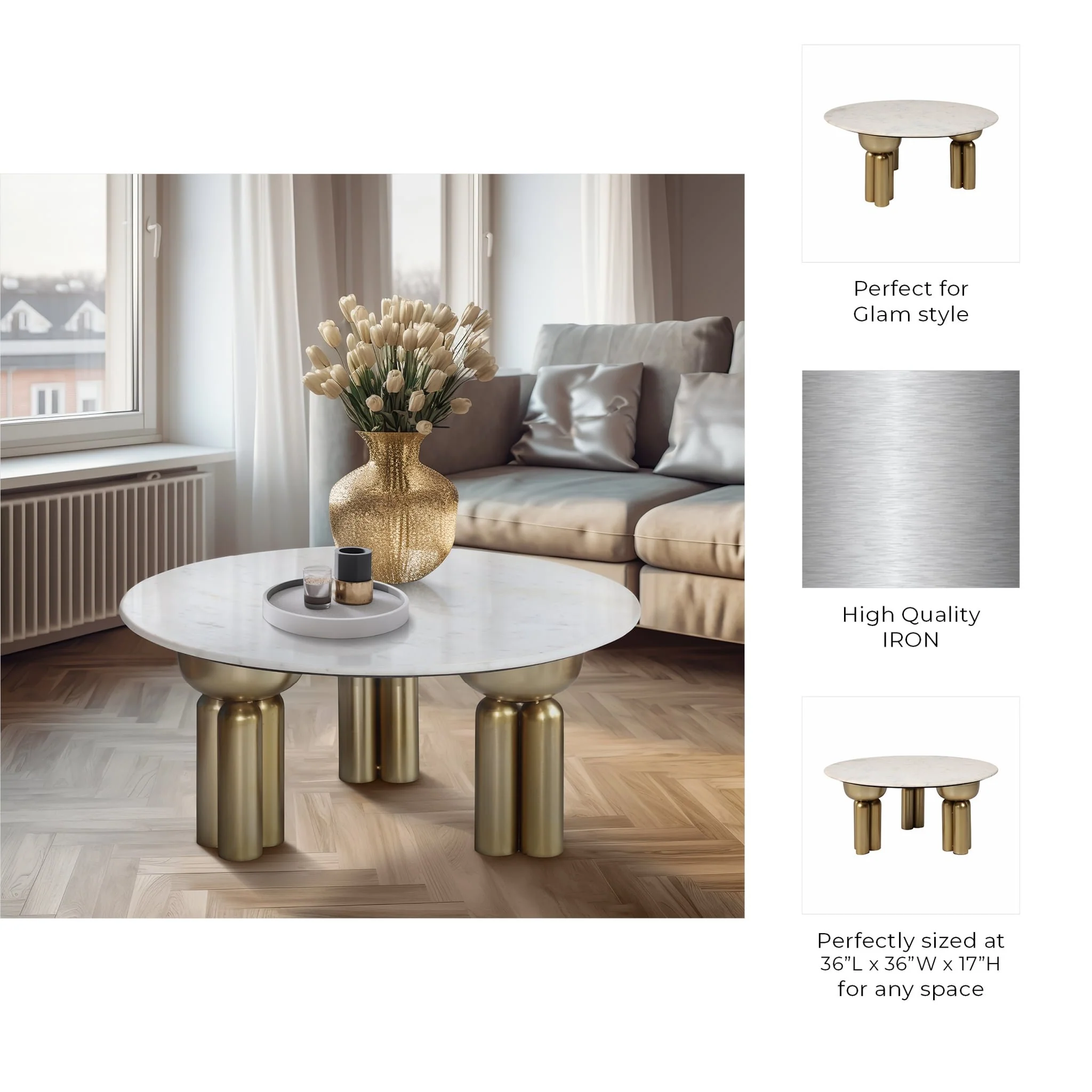 Metal, 36" Marble Top Coffee Table, Gold/white,kd - Image 9