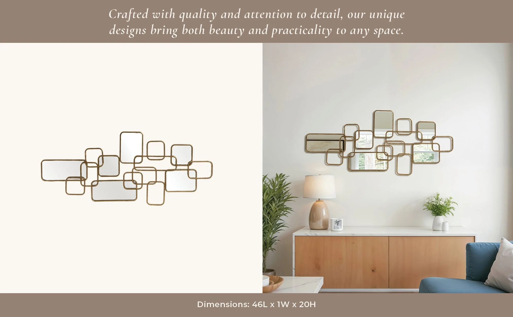 Metal, 46x20 Wall Accent W/ Mirrors, Gold Wb - Image 10