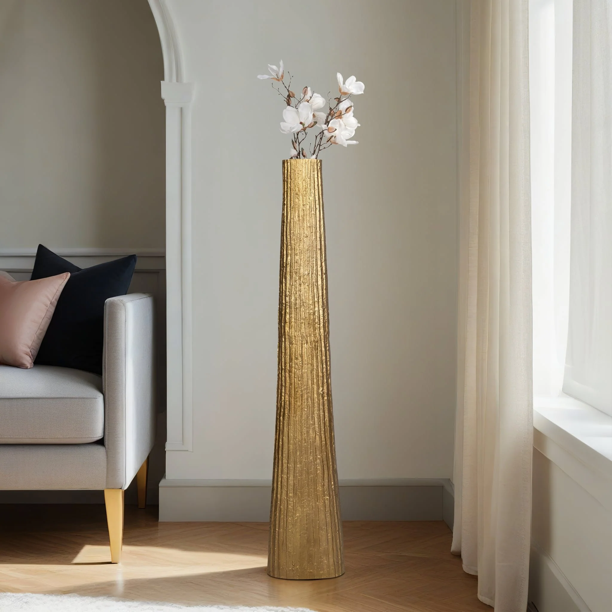 Metal, 58" Ribbed Floor Vase, Gold - Image 11