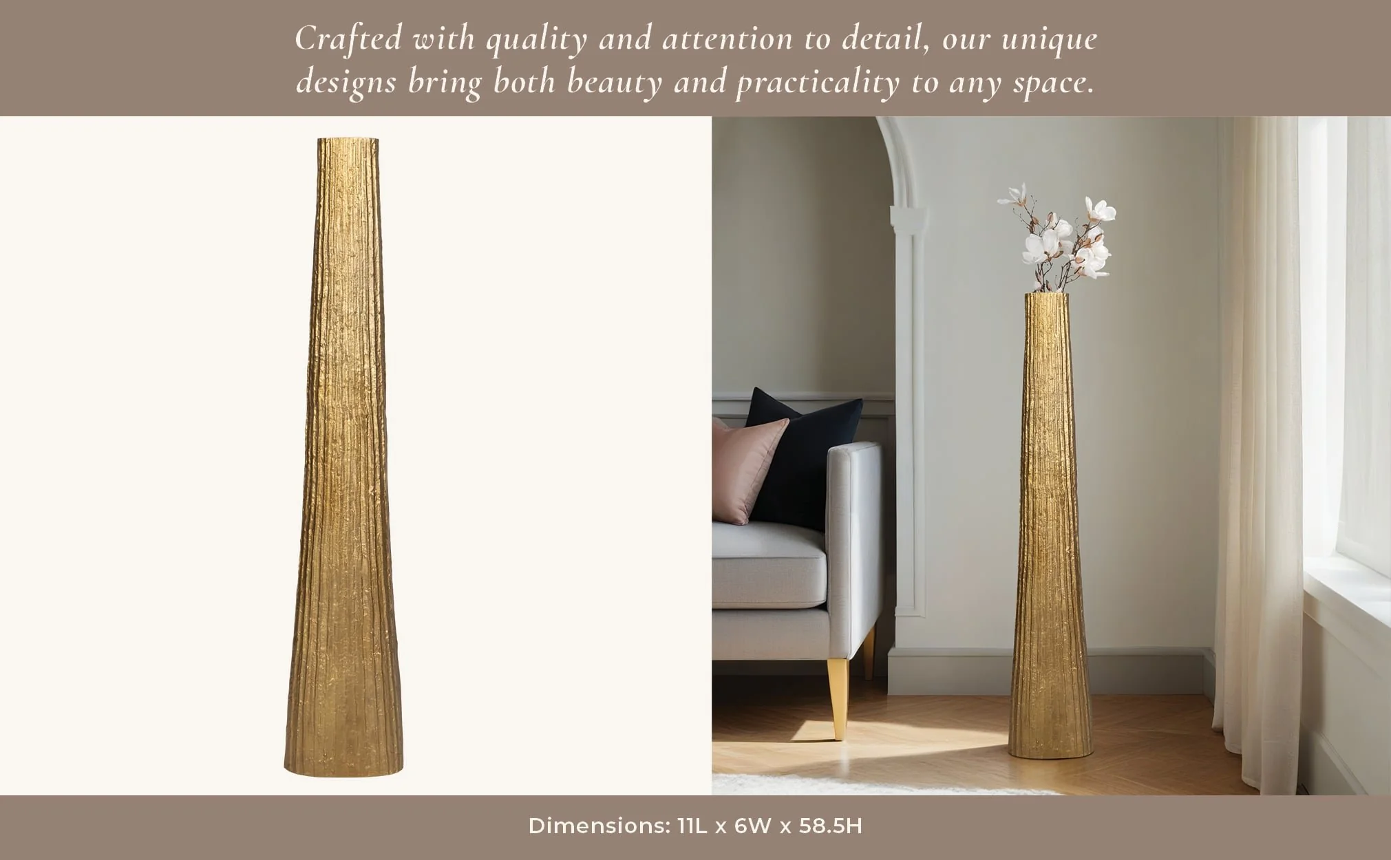 Metal, 58" Ribbed Floor Vase, Gold - Image 12