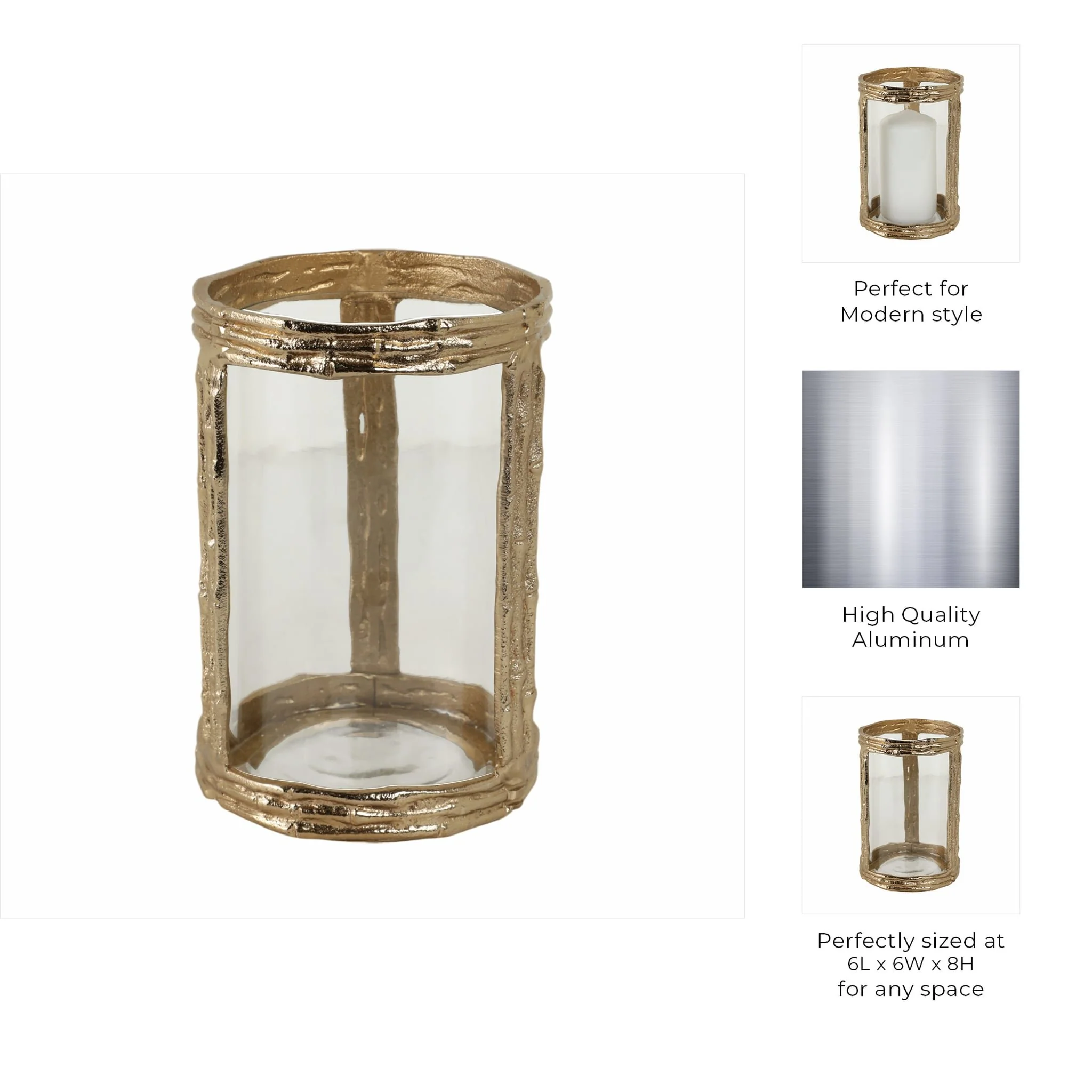 Metal, 8" Hurricane W Glass, Gold - Image 10