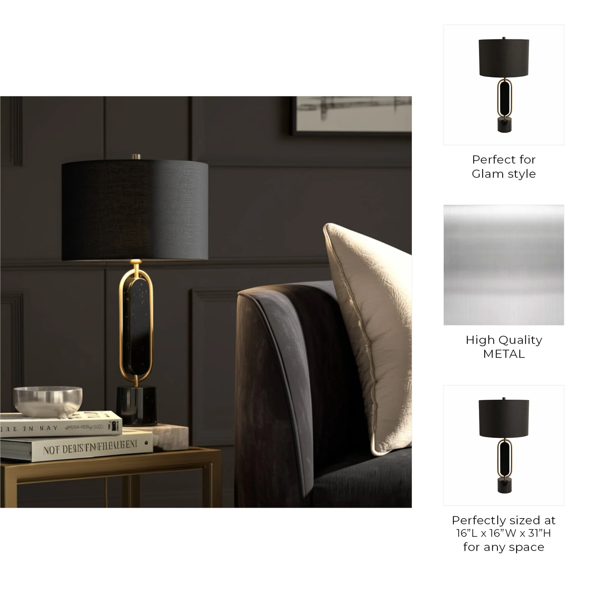 Metal/marble 30" Table Lamp, Gold/black - Image 8