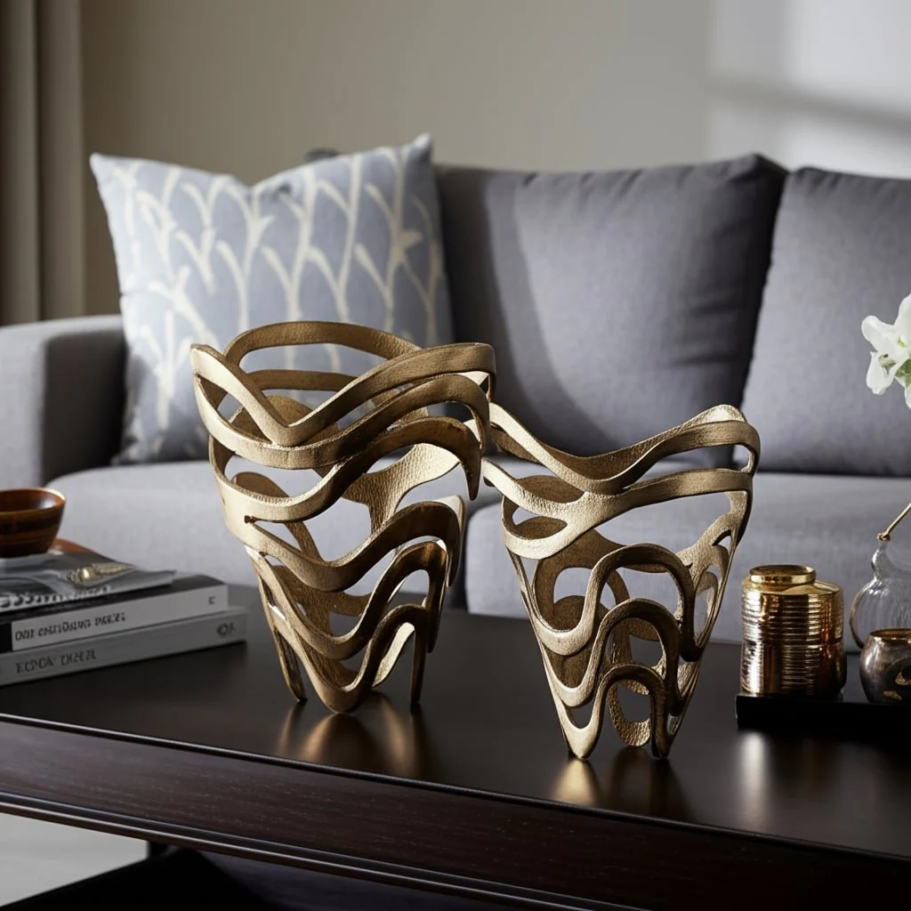 Metal S/2, 10/14" Abstract Tornato Vase, Champagne - Image 12