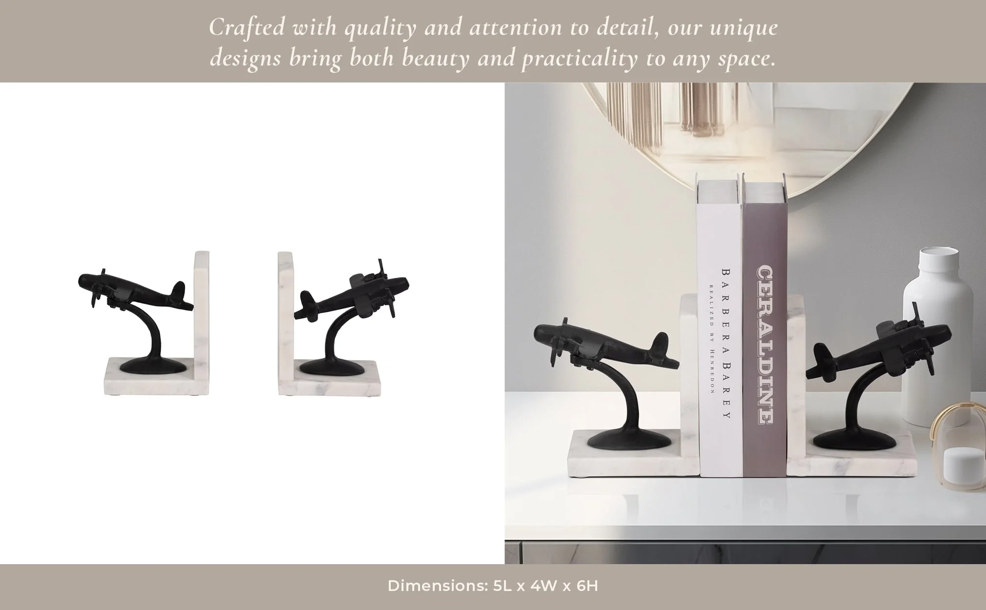 Metal, S/2 6" Airplane Bookends On Marble, Blk/wht - Image 10