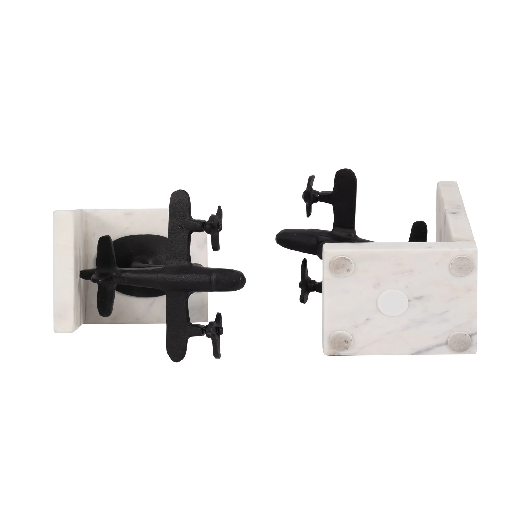 Metal, S/2 6" Airplane Bookends On Marble, Blk/wht - Image 6