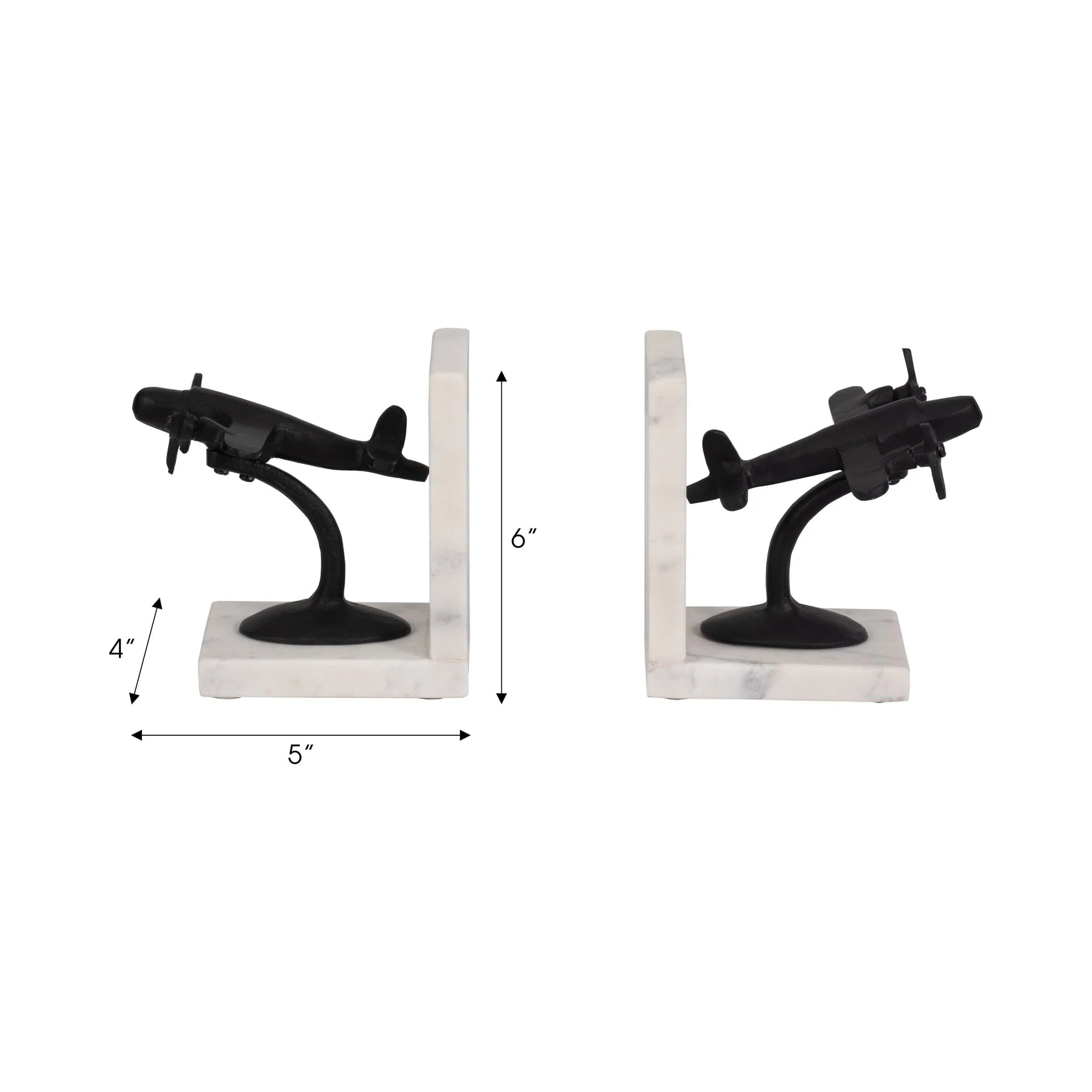 Metal, S/2 6" Airplane Bookends On Marble, Blk/wht - Image 7