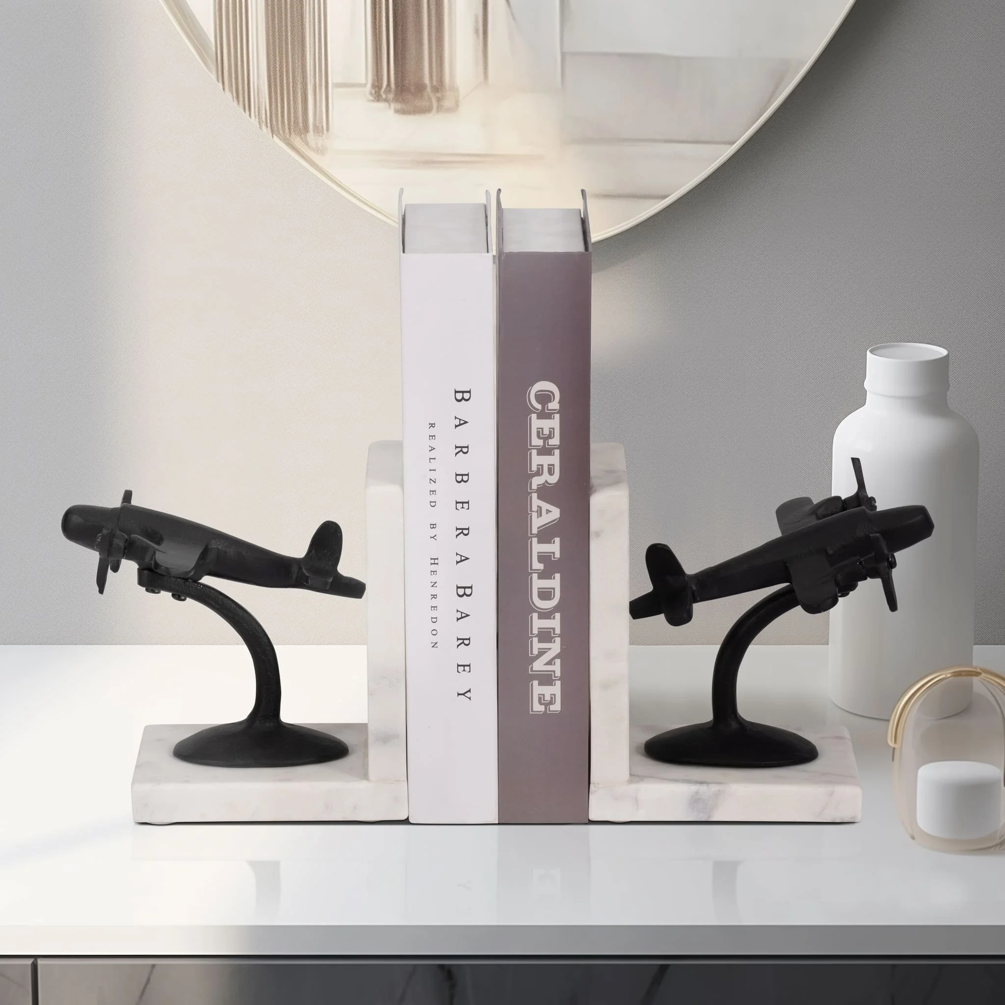 Metal, S/2 6" Airplane Bookends On Marble, Blk/wht - Image 9