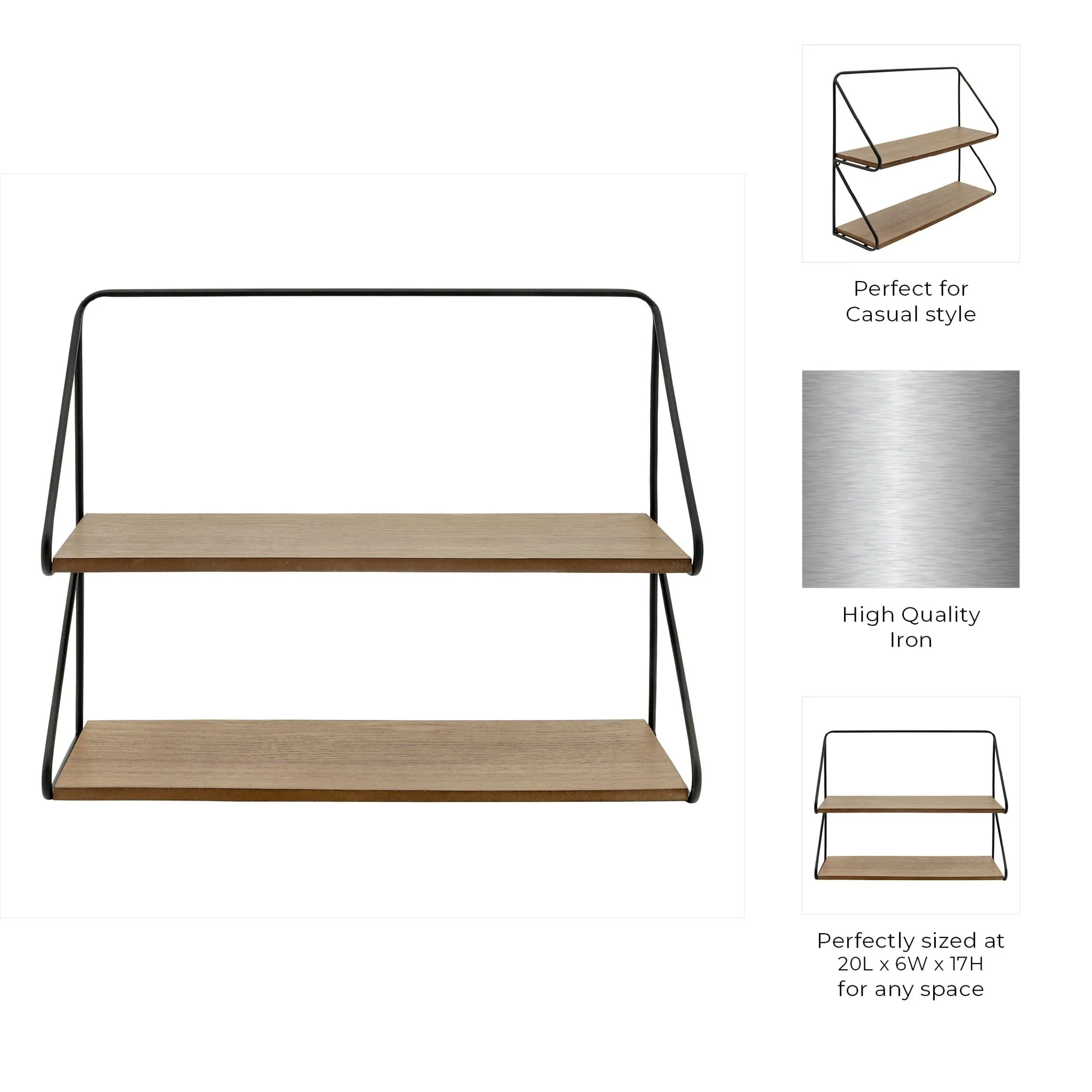 Metal /wood 20" 2 Tier Wall Shelf, Black/brwn - Image 6