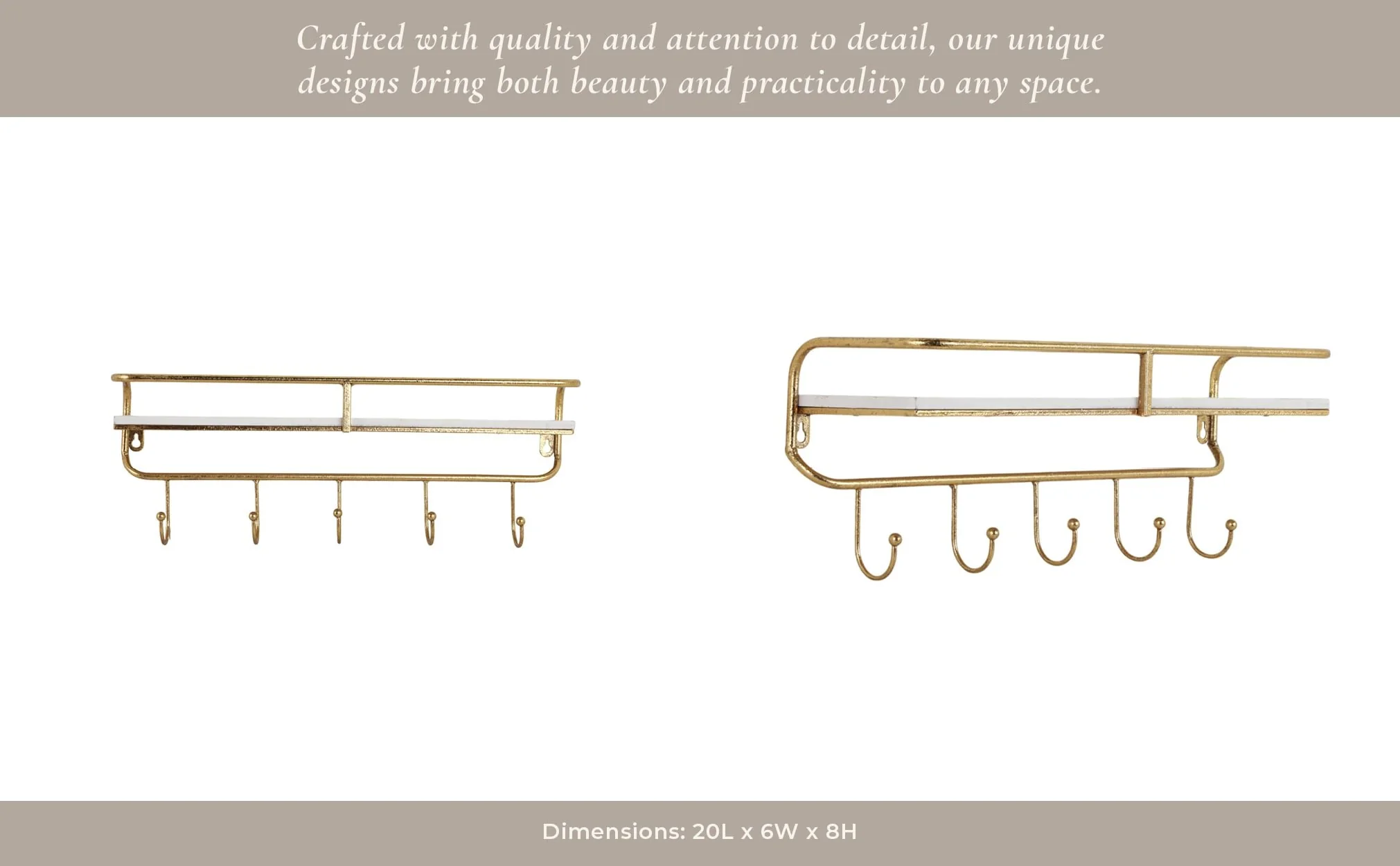 Metal/wood 20" 5 Hook Wall Shelf, White/gold - Image 10