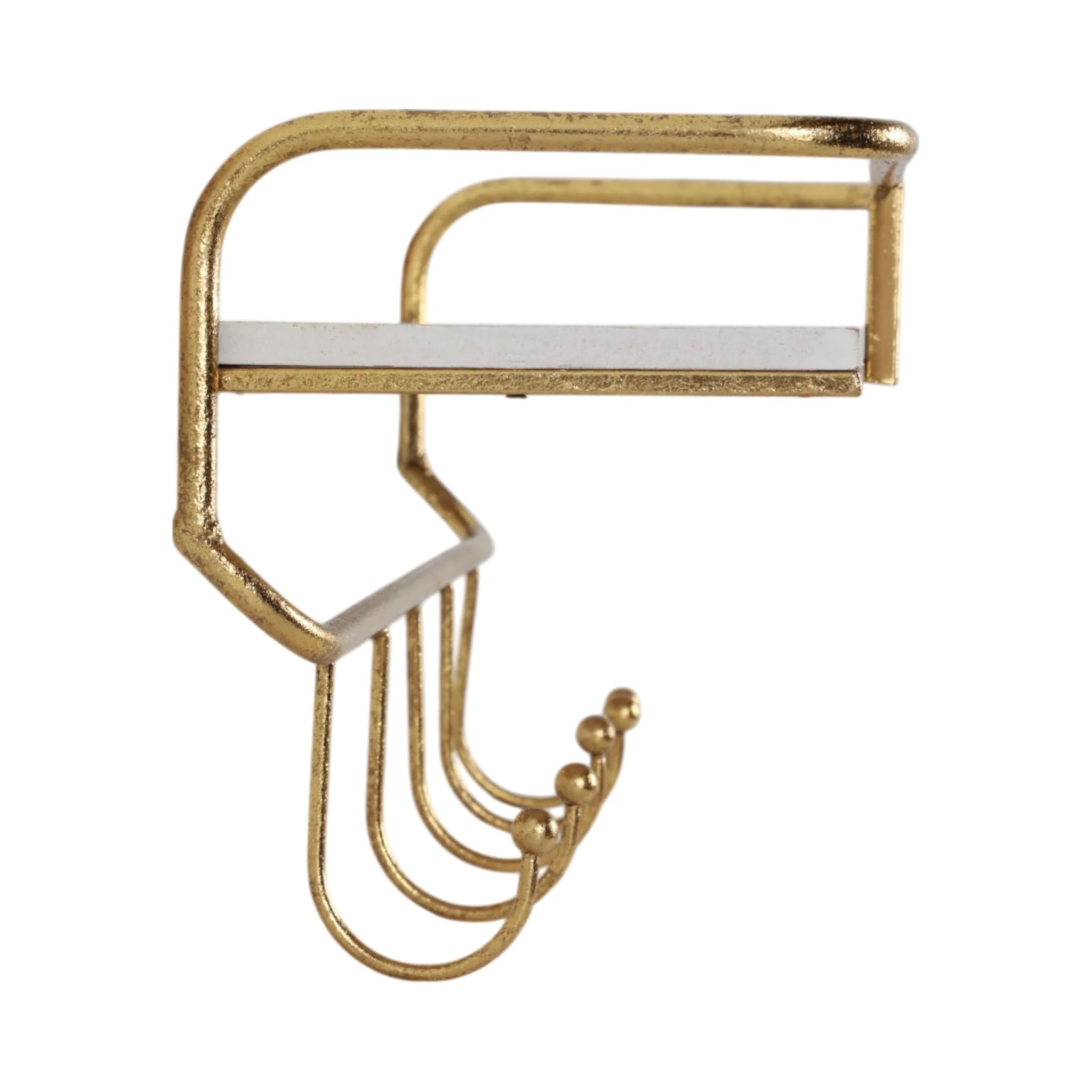 Metal/wood 20" 5 Hook Wall Shelf, White/gold - Image 3