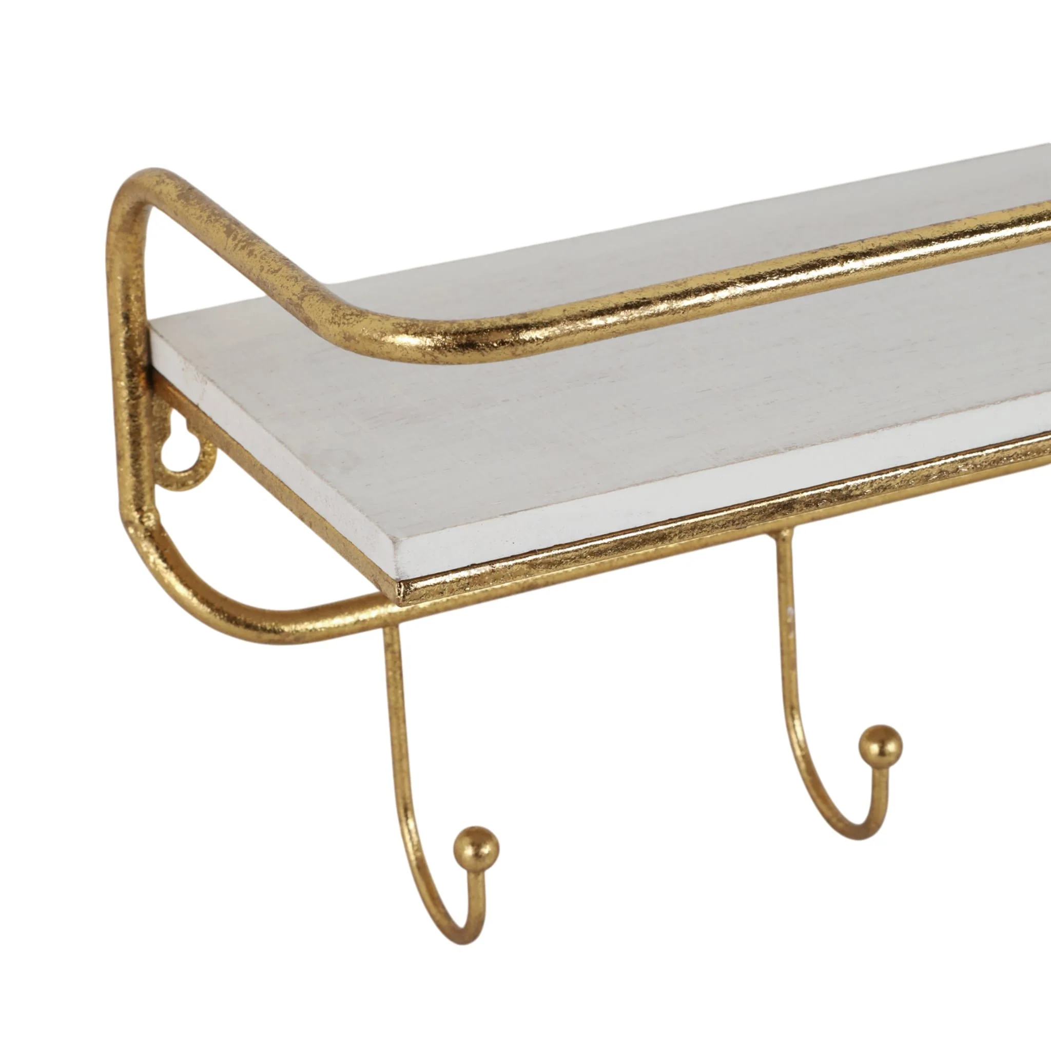 Metal/wood 20" 5 Hook Wall Shelf, White/gold - Image 4