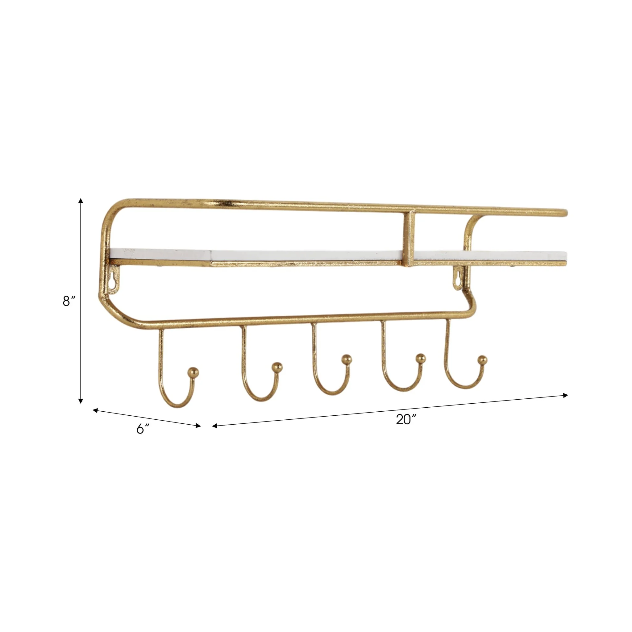 Metal/wood 20" 5 Hook Wall Shelf, White/gold - Image 7