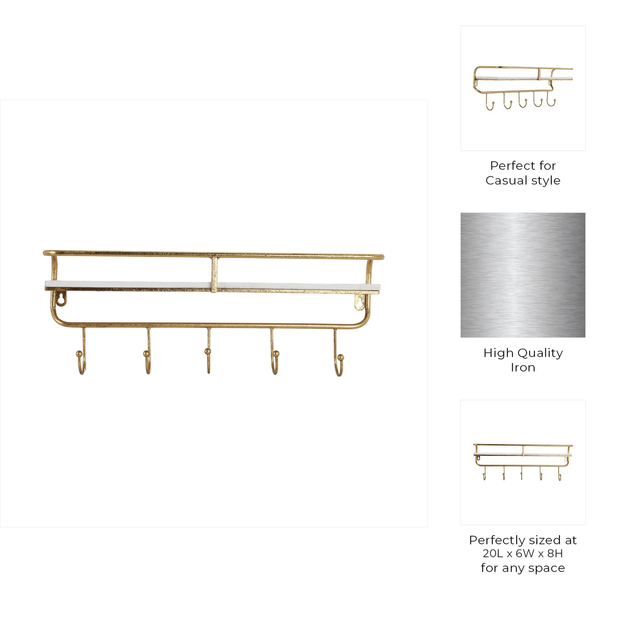 Metal/wood 20" 5 Hook Wall Shelf, White/gold - Image 8