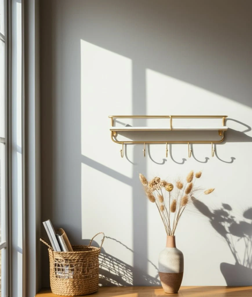Metal/wood 20" 5 Hook Wall Shelf, White/gold - Image 9