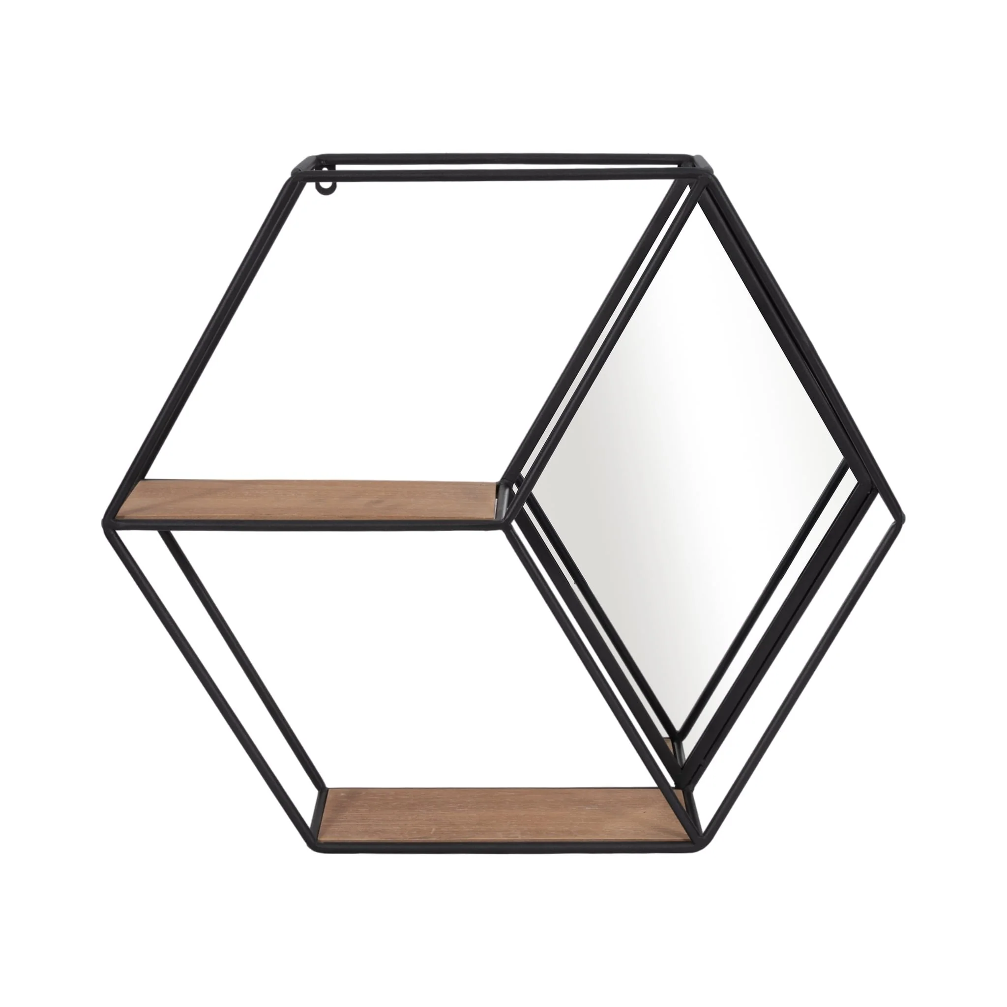 Metal/wood 20" Hexagon Mirrored Wall Shelf, Black