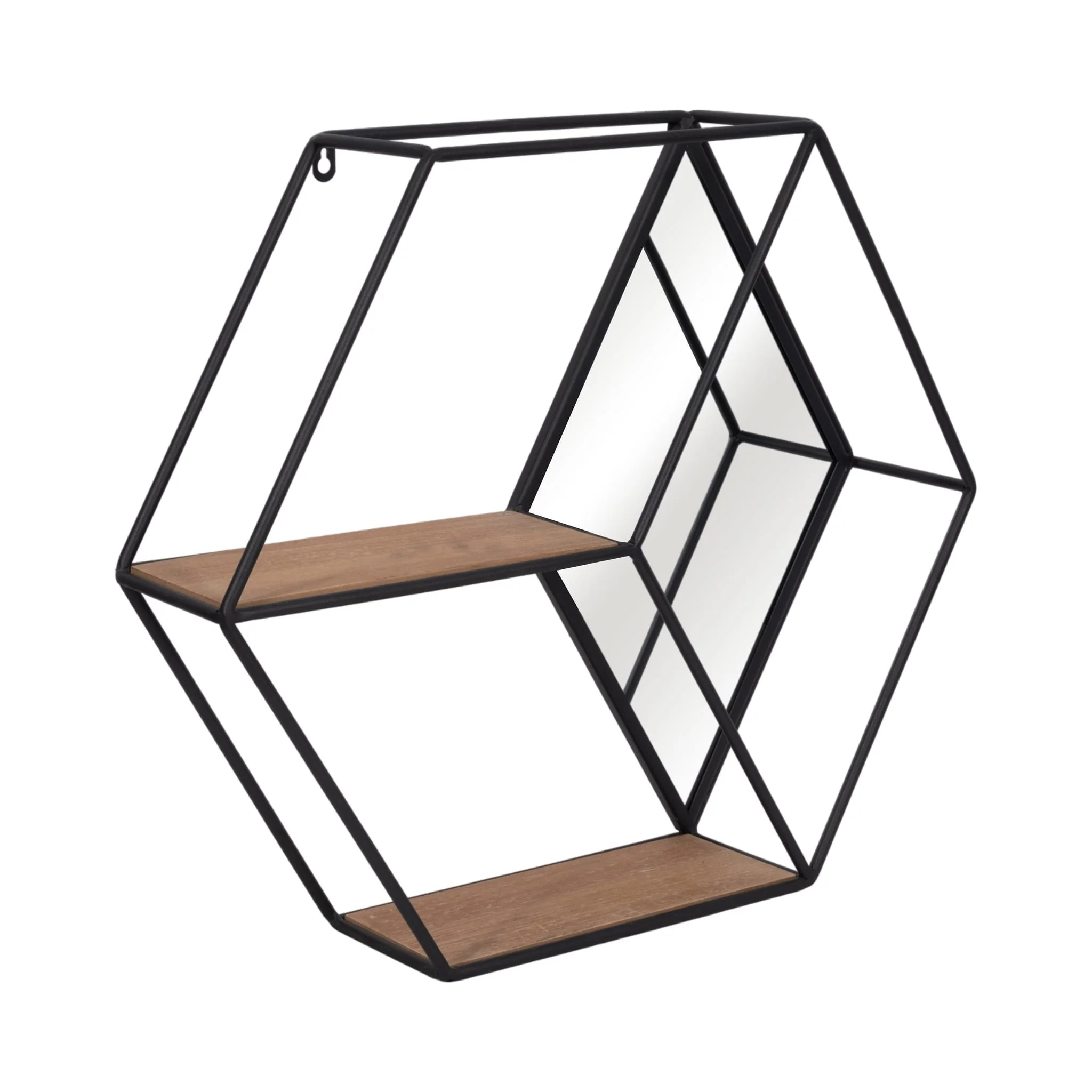 Metal/wood 20" Hexagon Mirrored Wall Shelf, Black - Image 2