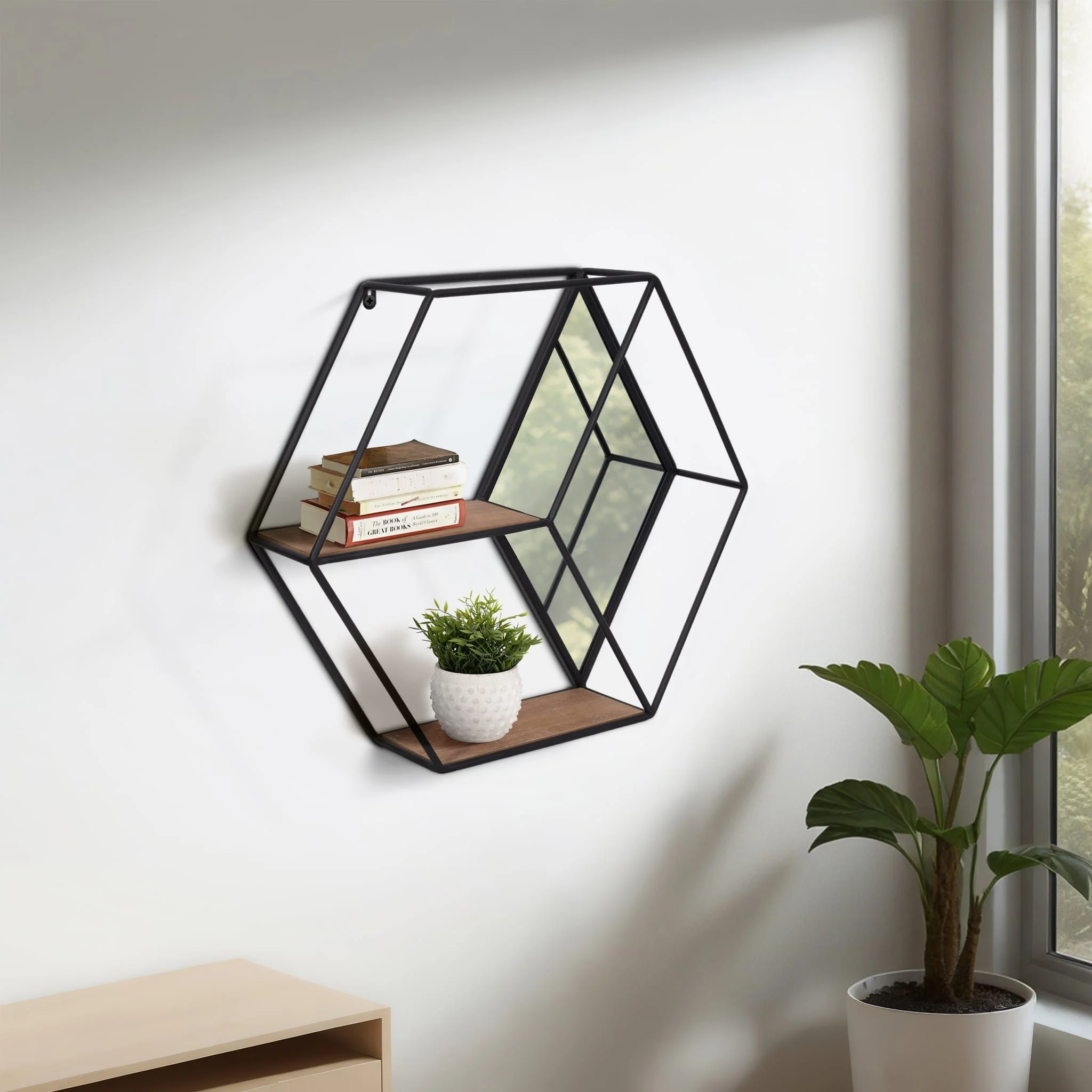 Metal/wood 20" Hexagon Mirrored Wall Shelf, Black - Image 9