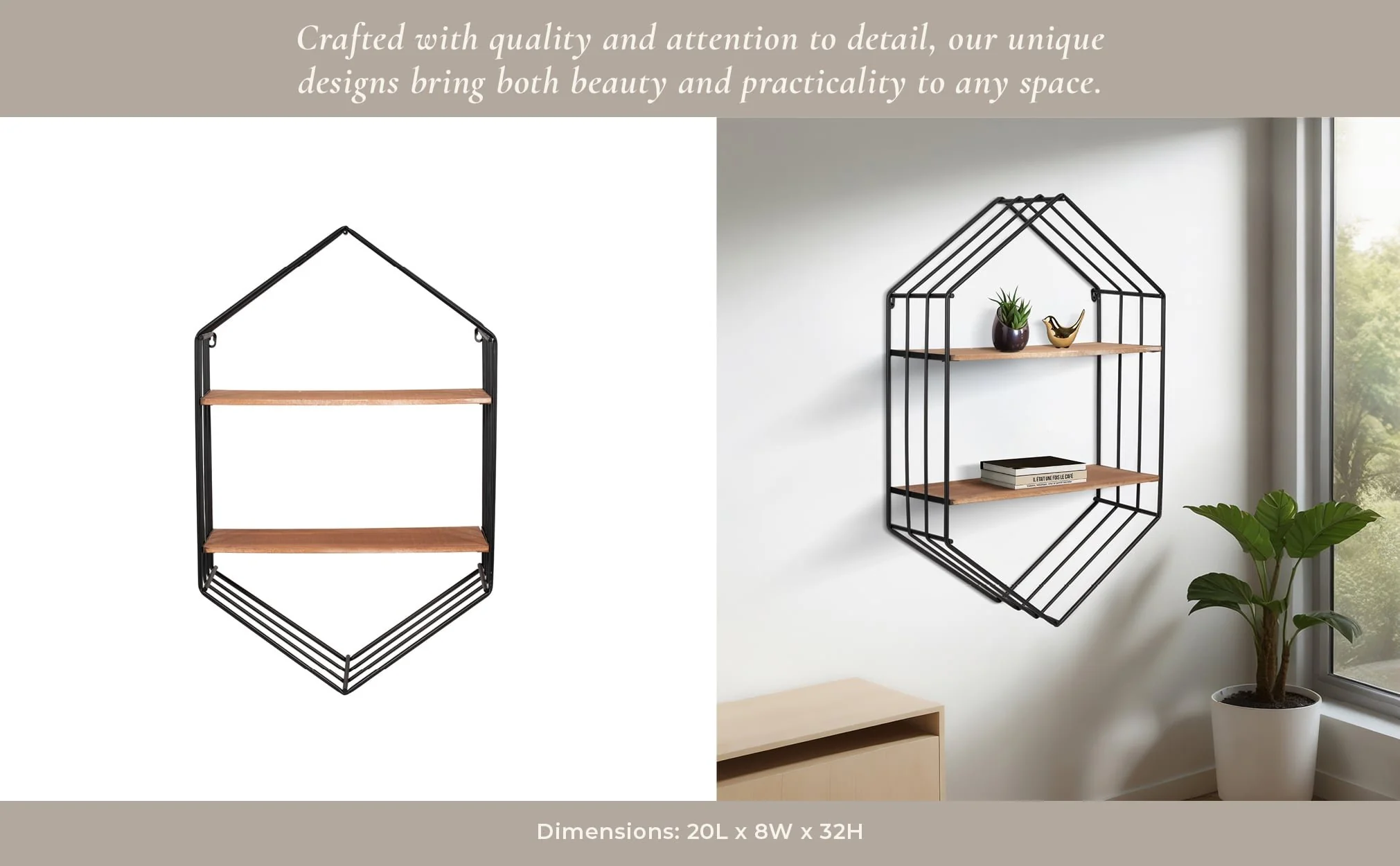 Metal/wood 20" Hexagon Shelf, Brown/black - Image 9