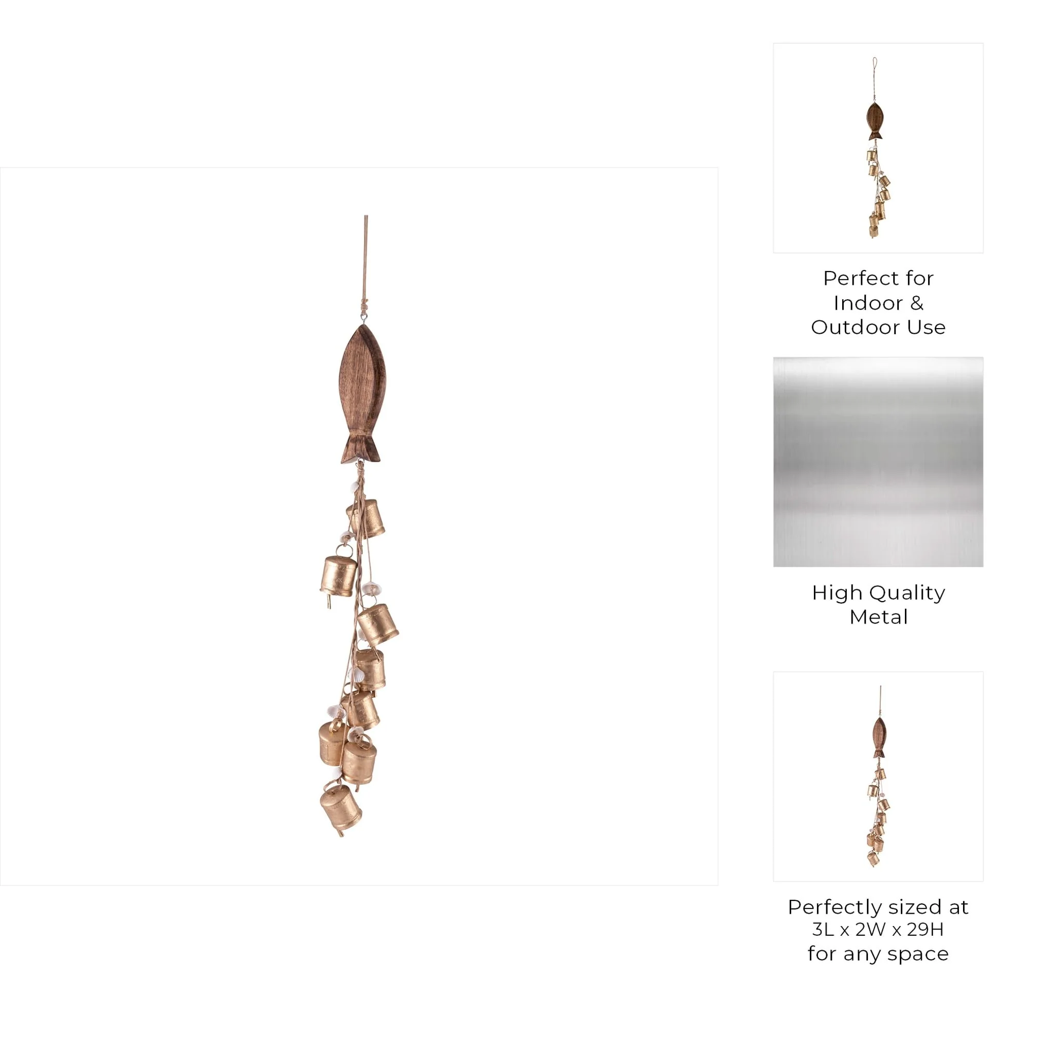 Metal/wood, 28" Fish W/ Bells Chime, Gold - Image 9