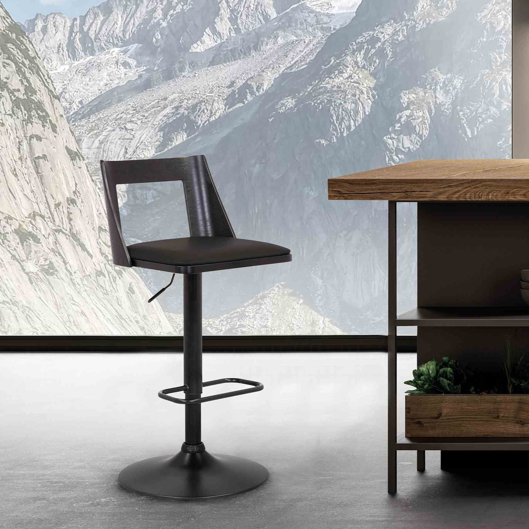 Milan Adjustable Swivel Black Faux Leather and Black Wood Bar Stool with Black Base - Image 10