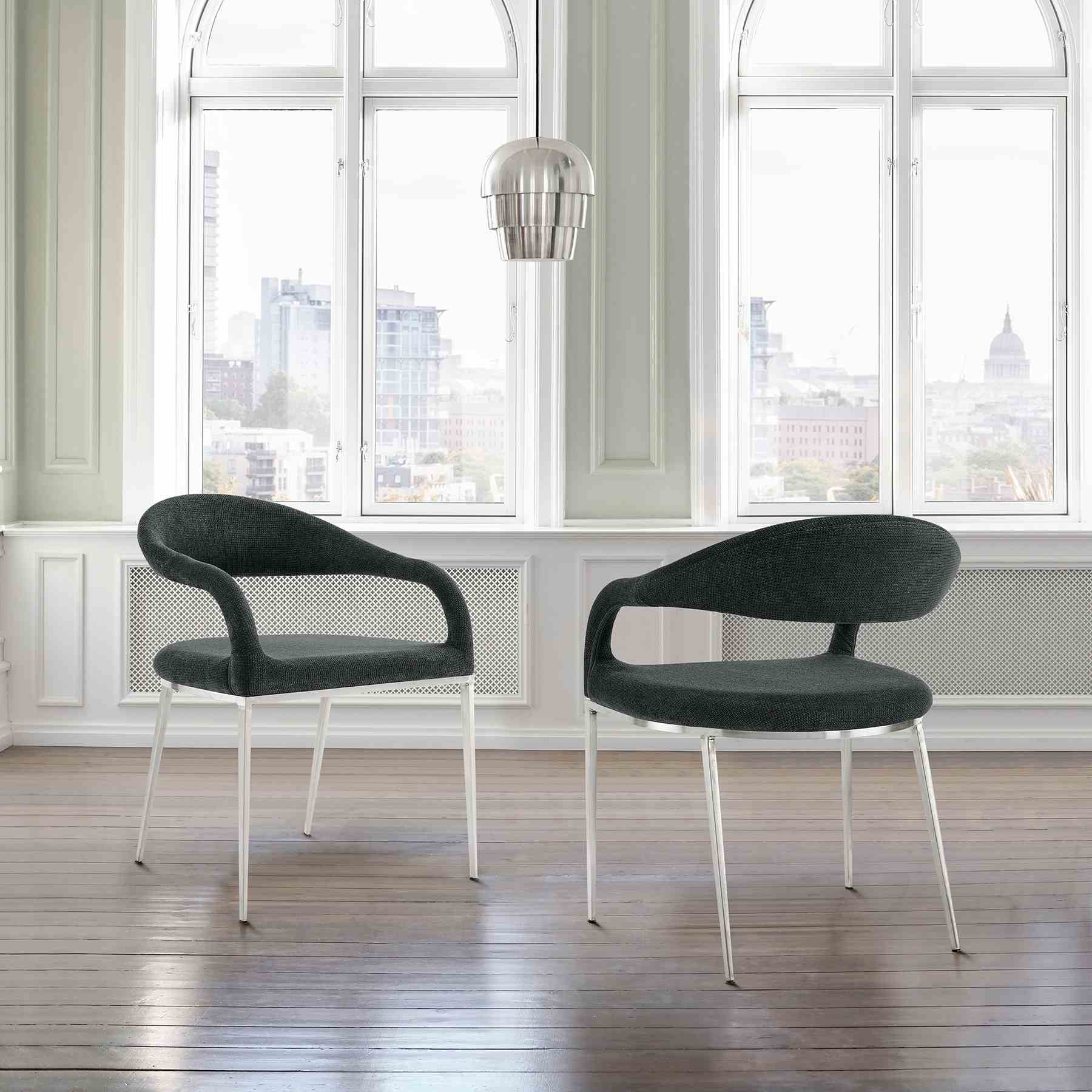 Morgan Upholstered Dining Chair with Brushed Stainless Steel and Charcoal Fabric - Set of 2 - Image 11