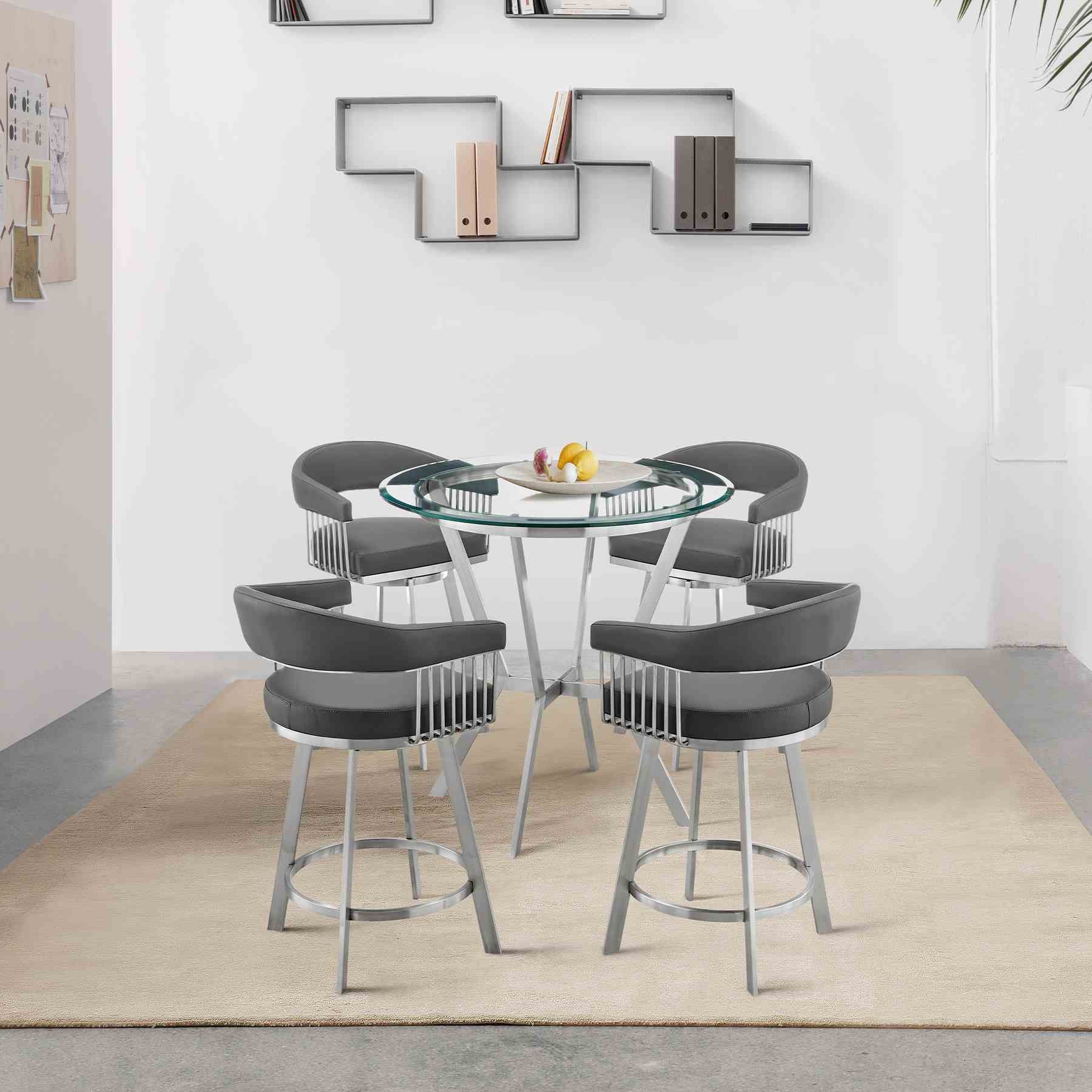 Naomi and Chelsea 5-Piece Counter Height Dining Set in Brushed Stainless Steel and Gray Faux Leather - Image 9