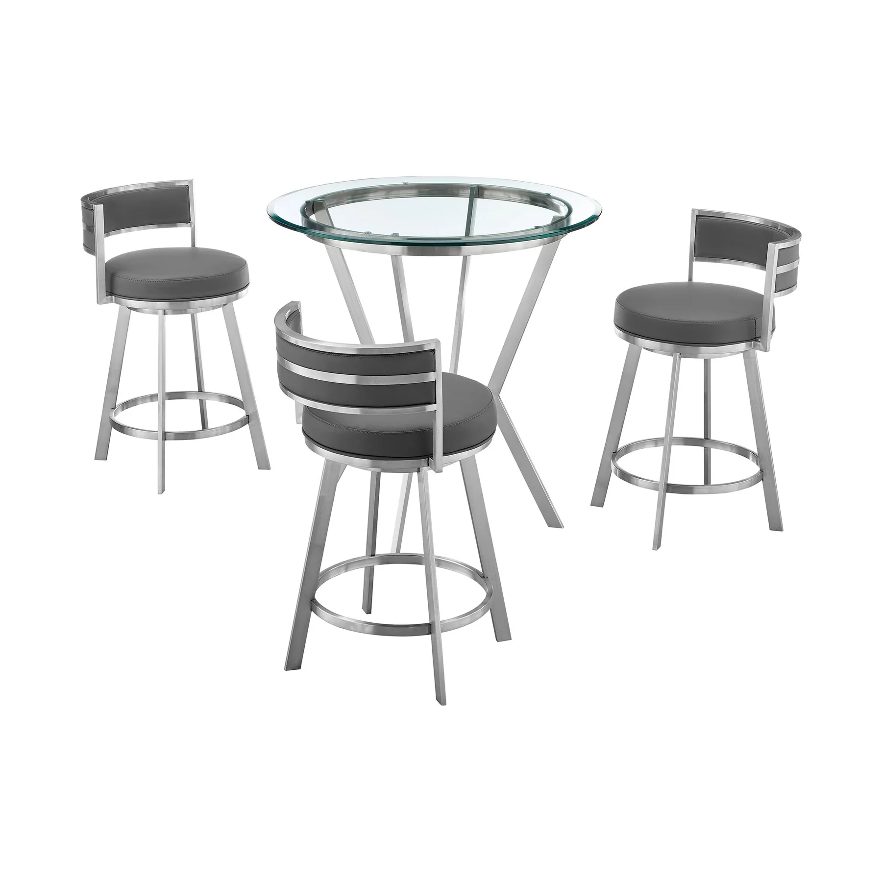 Naomi and Roman 4-Piece Counter Height Dining Set in Brushed Stainless Steel and Gray Faux Leather