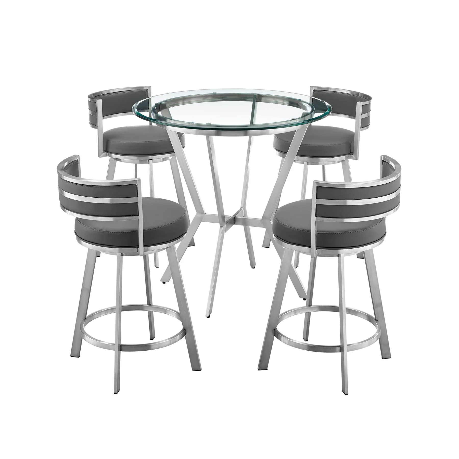 Naomi and Roman 5-Piece Counter Height Dining Set in Brushed Stainless Steel and Gray Faux Leather