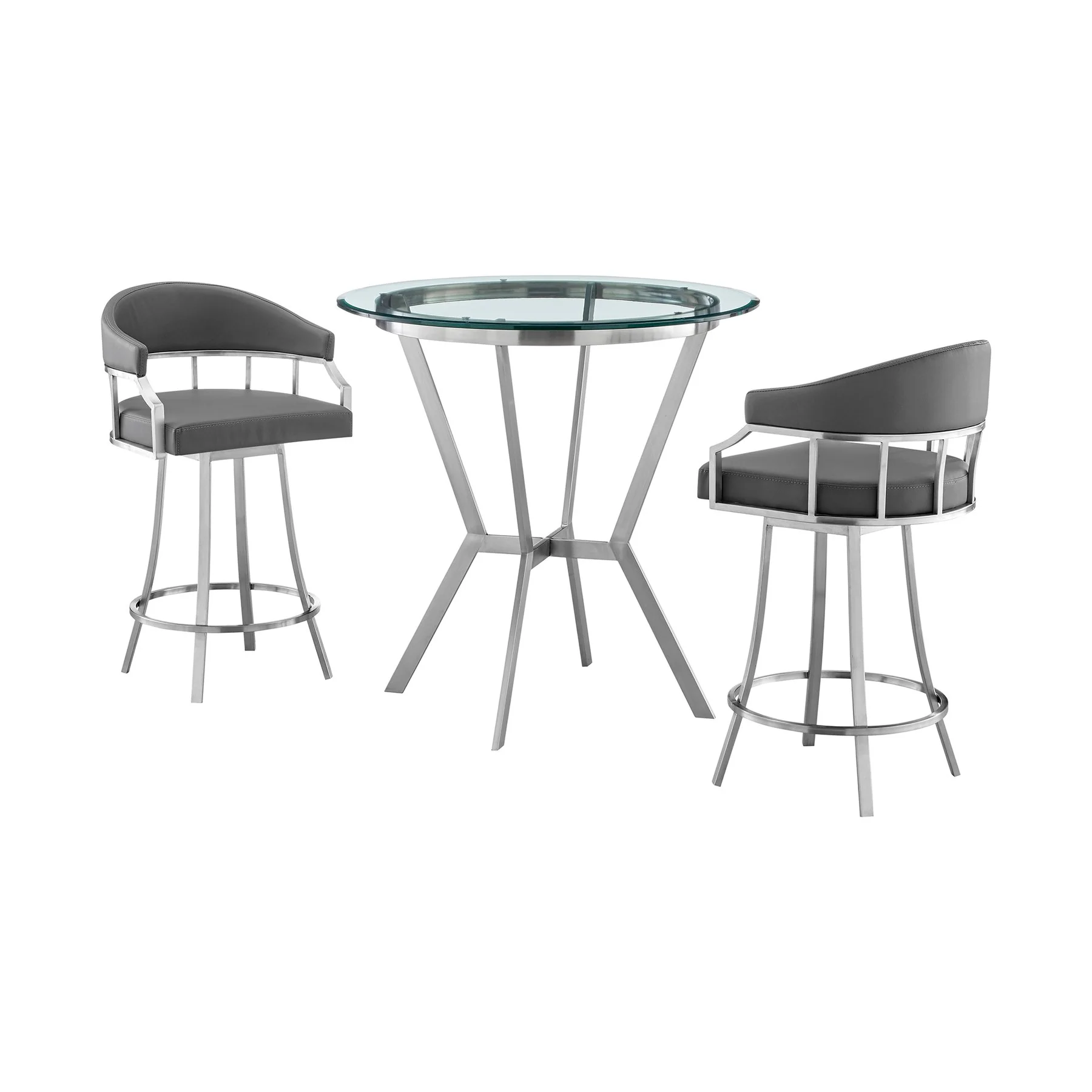 Naomi and Valerie 3-Piece Counter Height Dining Set in Brushed Stainless Steel and Gray Faux Leather