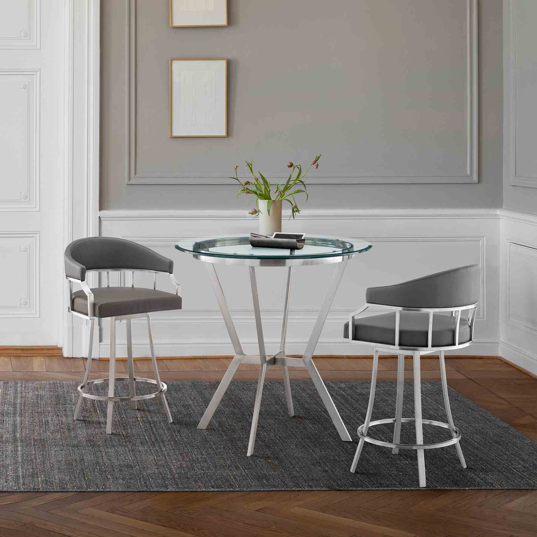 Naomi and Valerie 3-Piece Counter Height Dining Set in Brushed Stainless Steel and Gray Faux Leather - Image 9