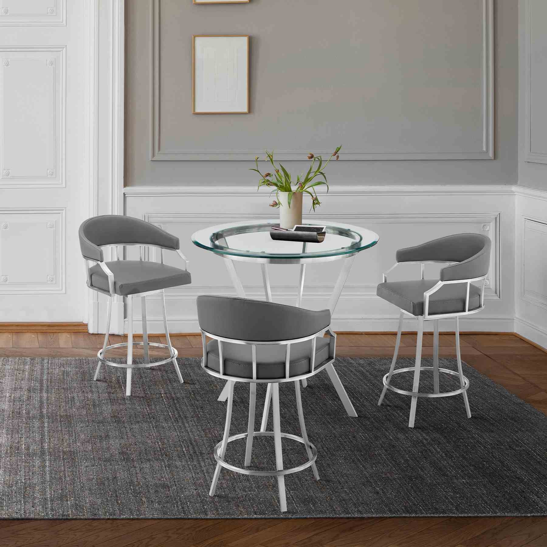 Naomi and Valerie 4-Piece Counter Height Dining Set in Brushed Stainless Steel and Gray Faux Leather - Image 9