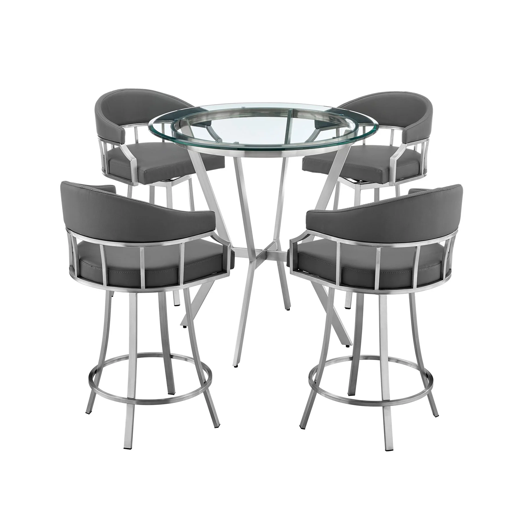 Naomi and Valerie 5-Piece Counter Height Dining Set in Brushed Stainless Steel and Gray Faux Leather