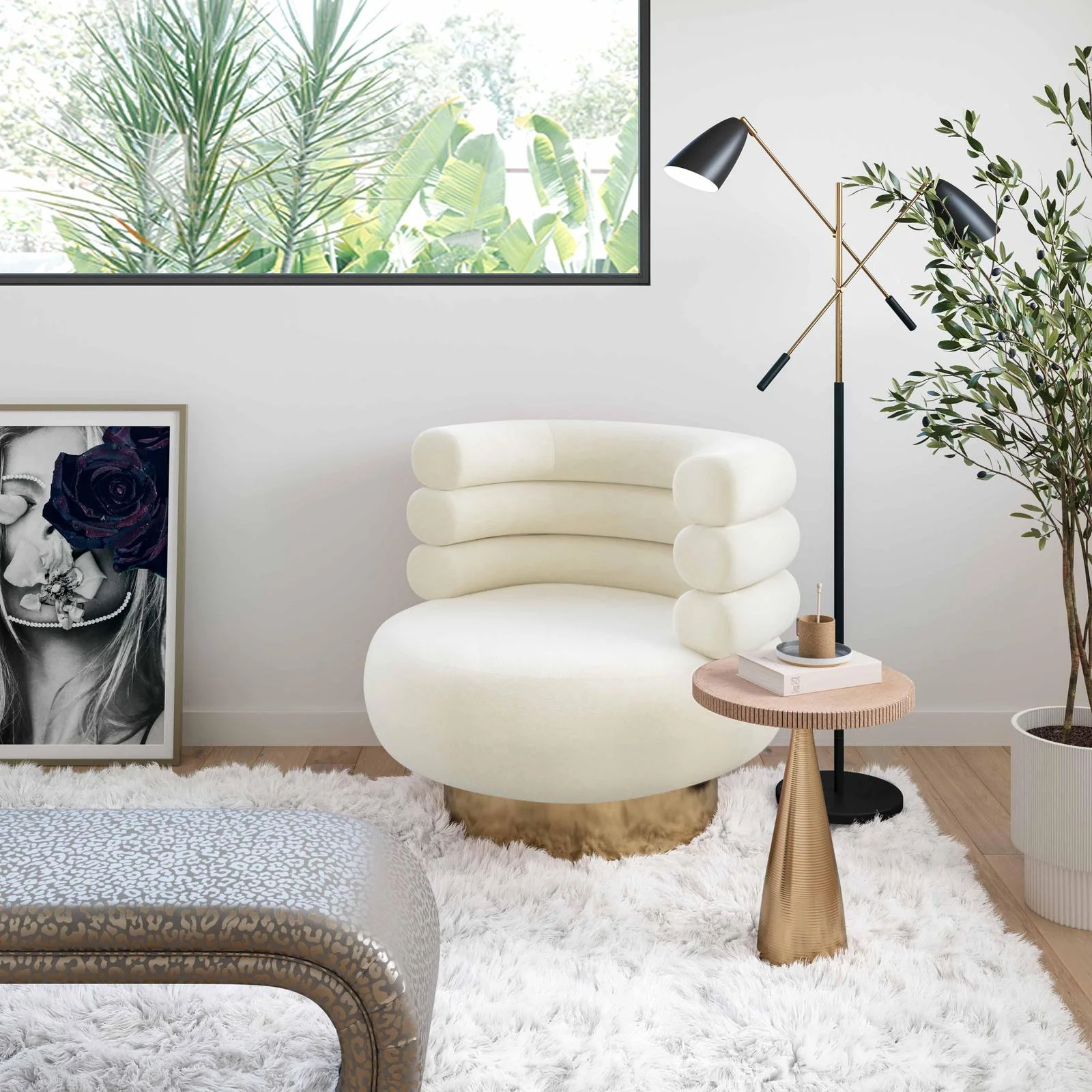 Naomi Cream Velvet Swivel Chair - Image 2
